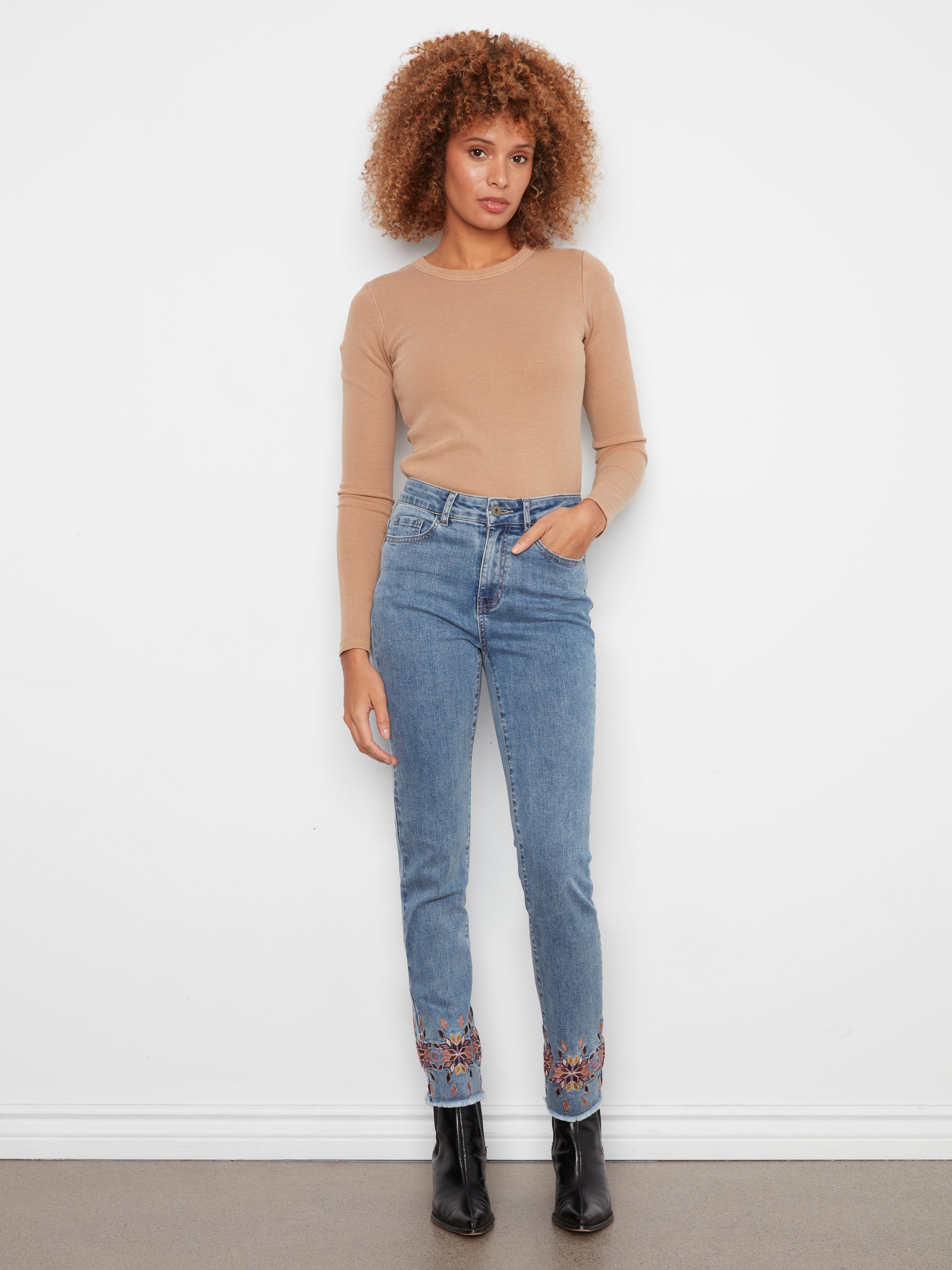 Hem Embroidered Slim Leg Stretch Denim Pants