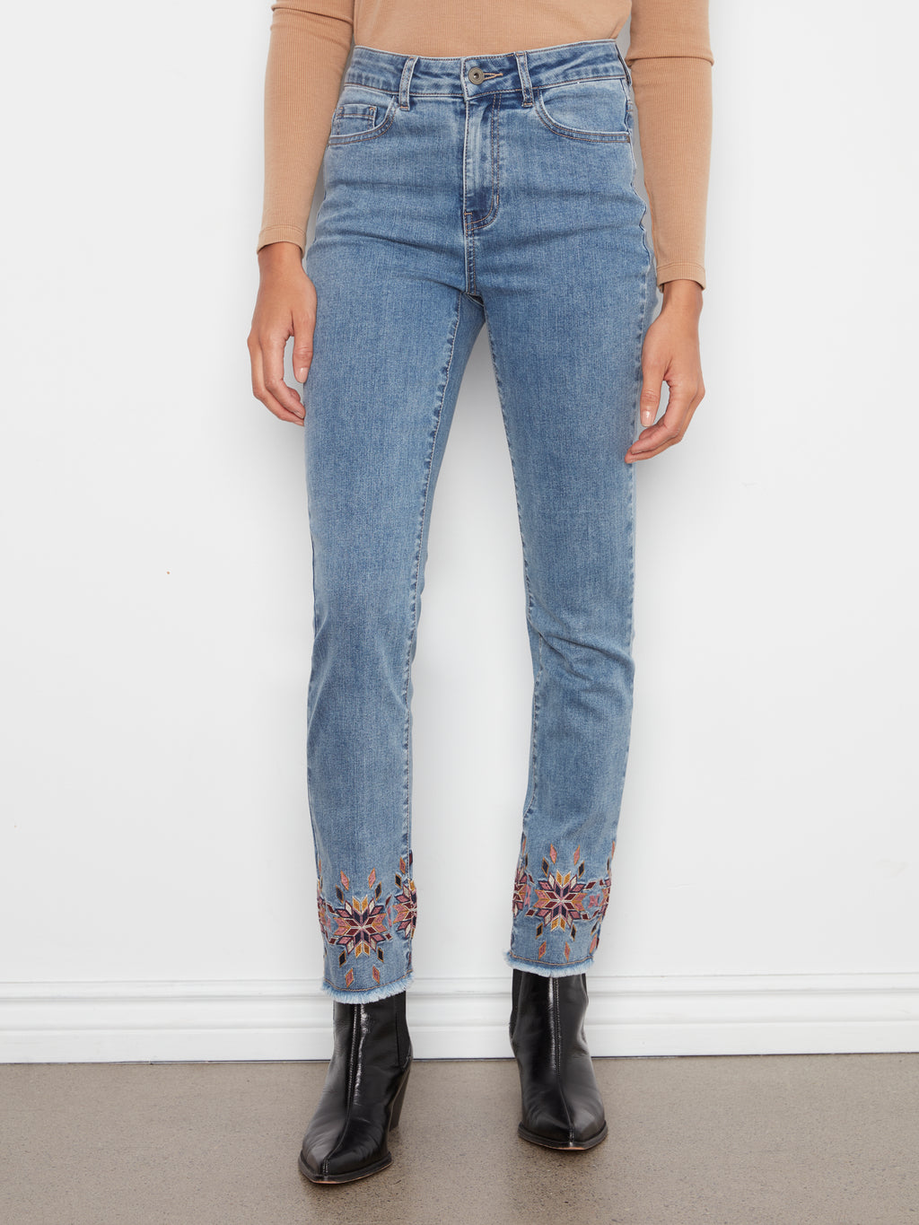 Hem Embroidered Slim Leg Stretch Denim Pants