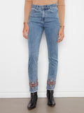 Hem Embroidered Slim Leg Stretch Denim Pants