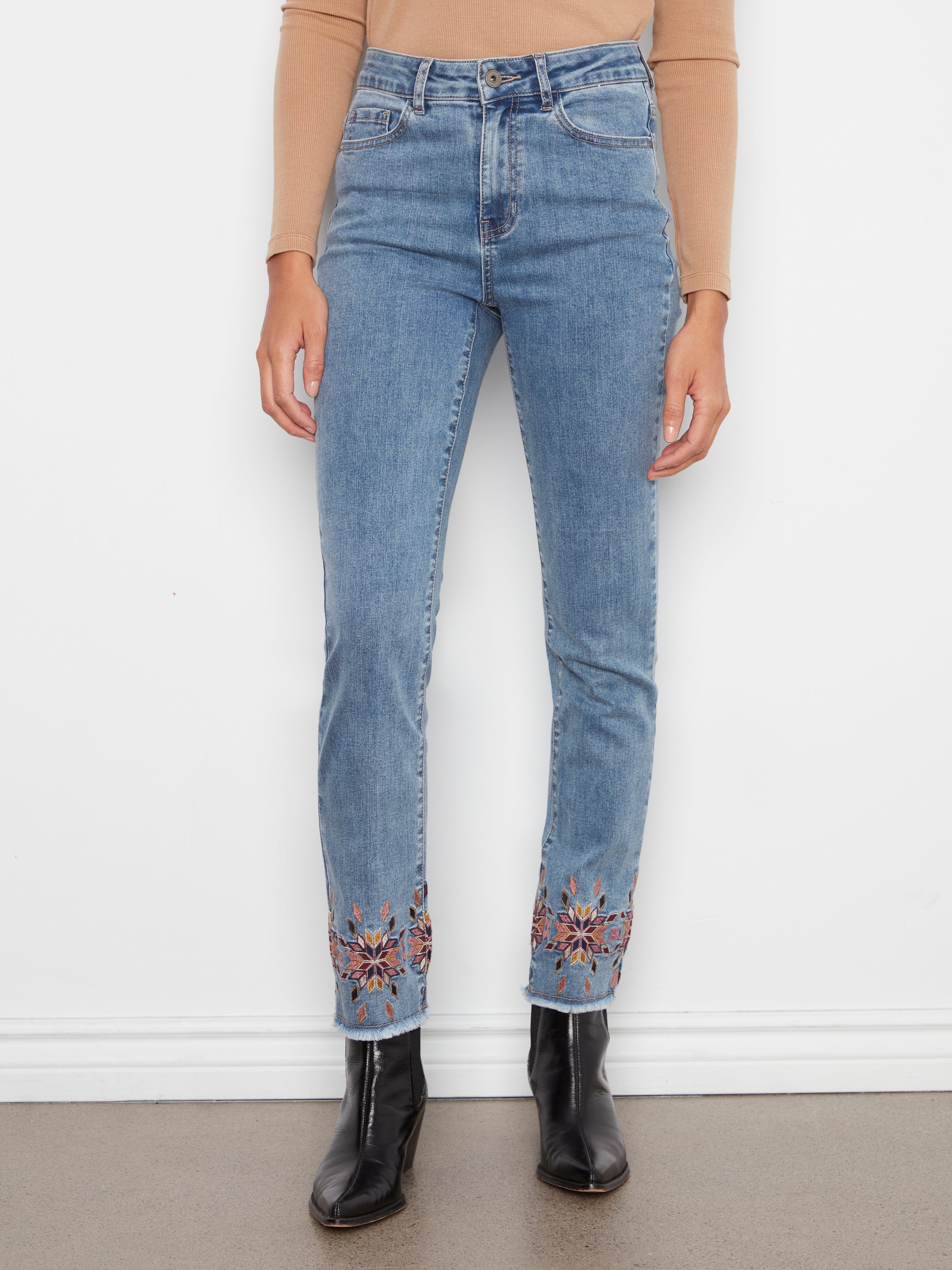 Hem Embroidered Slim Leg Stretch Denim Pants