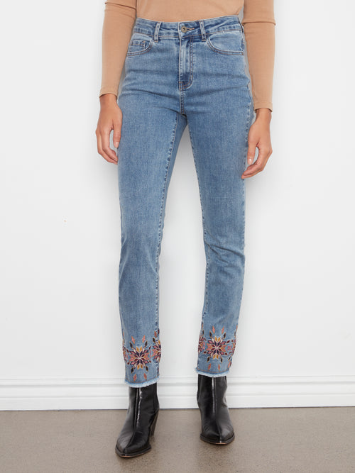 Hem Embroidered Slim Leg Stretch Denim Pants