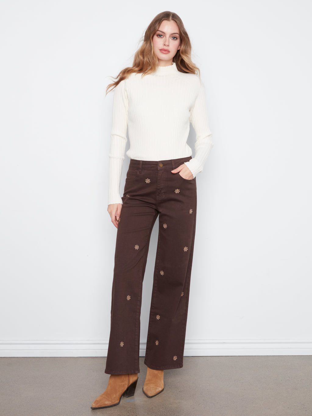 Wide Leg Colored Twill Pants With All Over Front Embroidery