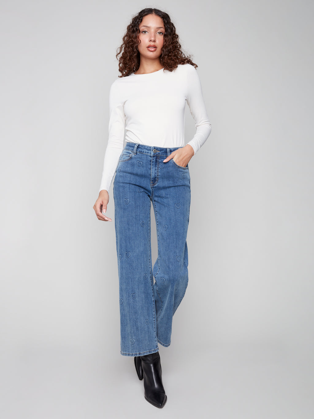 Wide Leg Jeans with All-Over Embossed Hearts