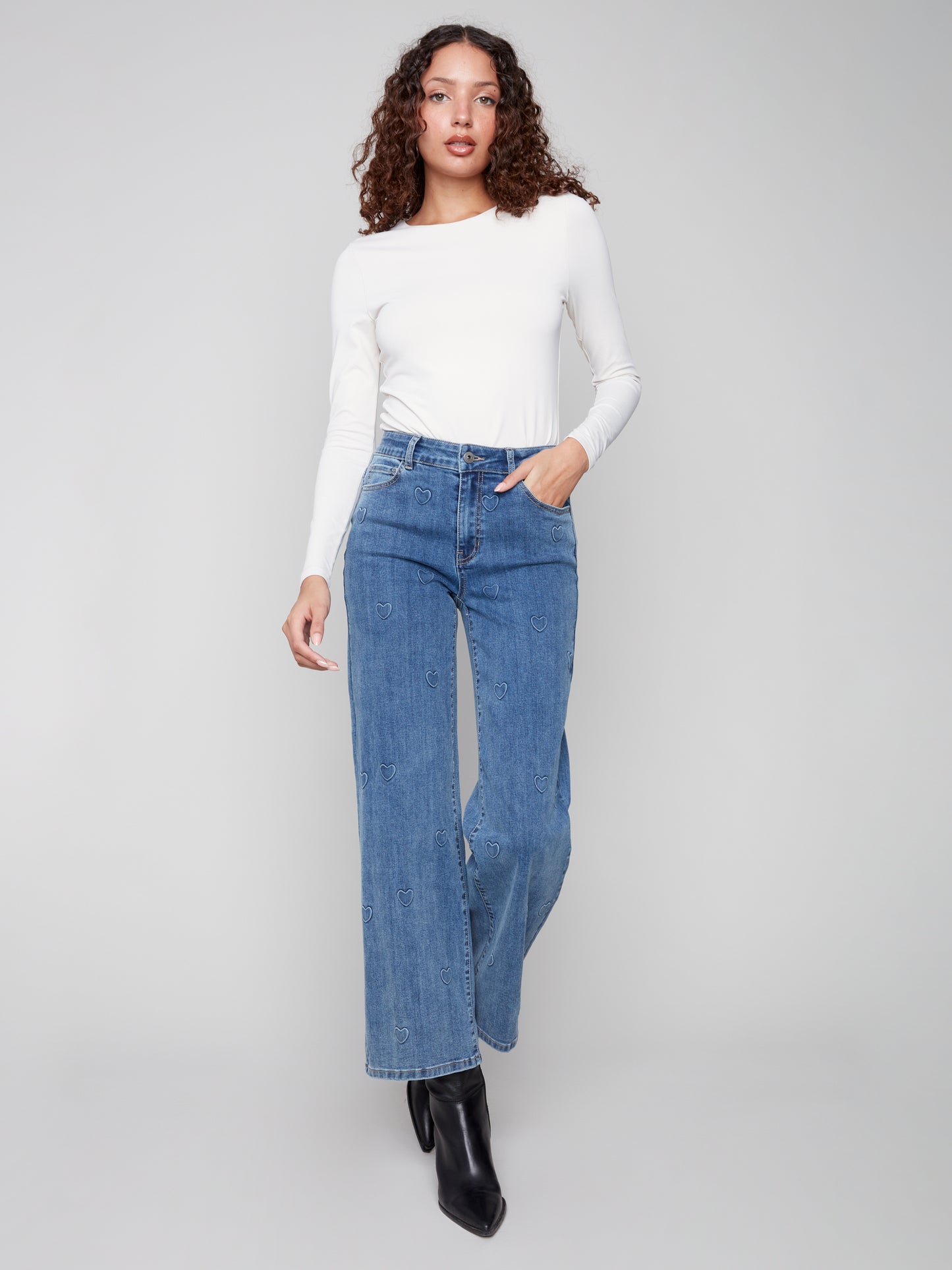 Wide Leg Jeans with All-Over Embossed Hearts