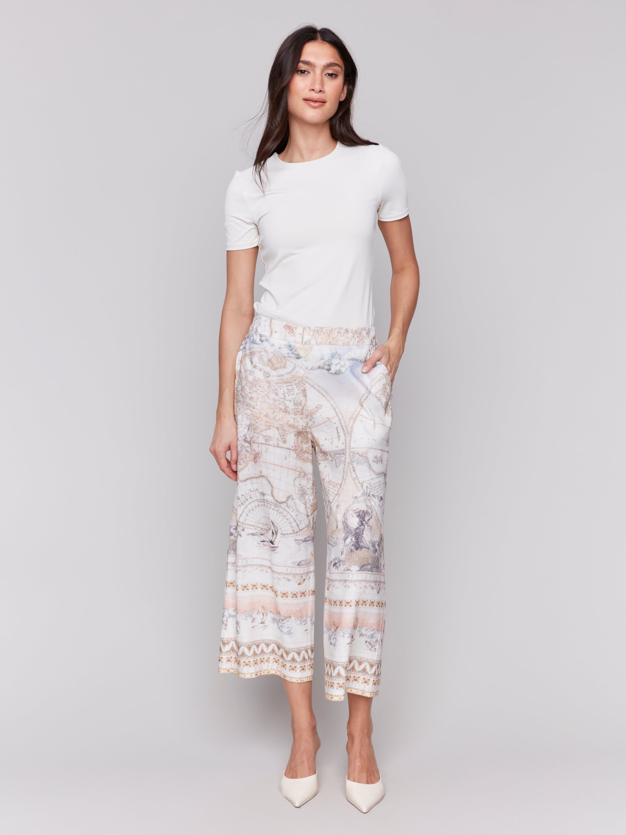 Printed Linen Blend Cropped Pull-On Pants