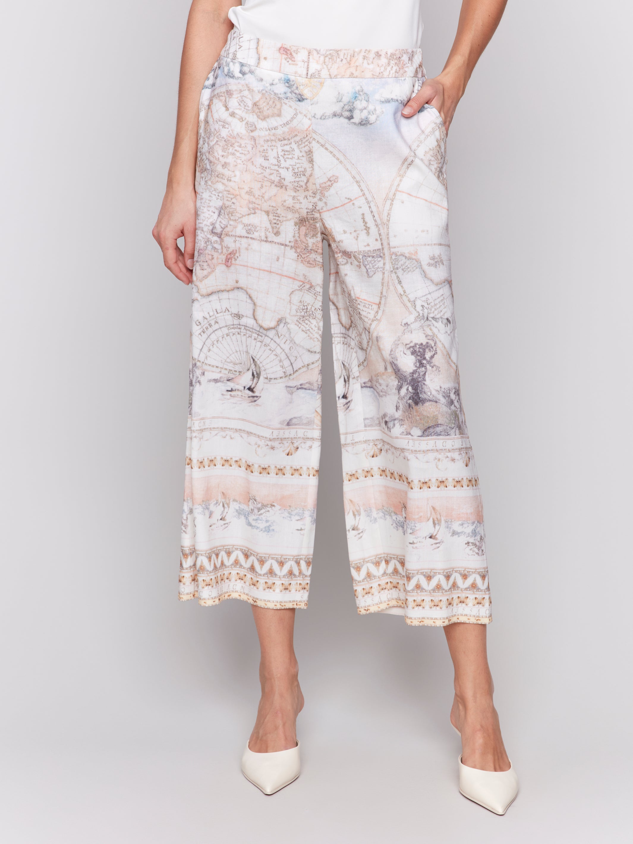 Printed Linen Blend Cropped Pull-On Pants
