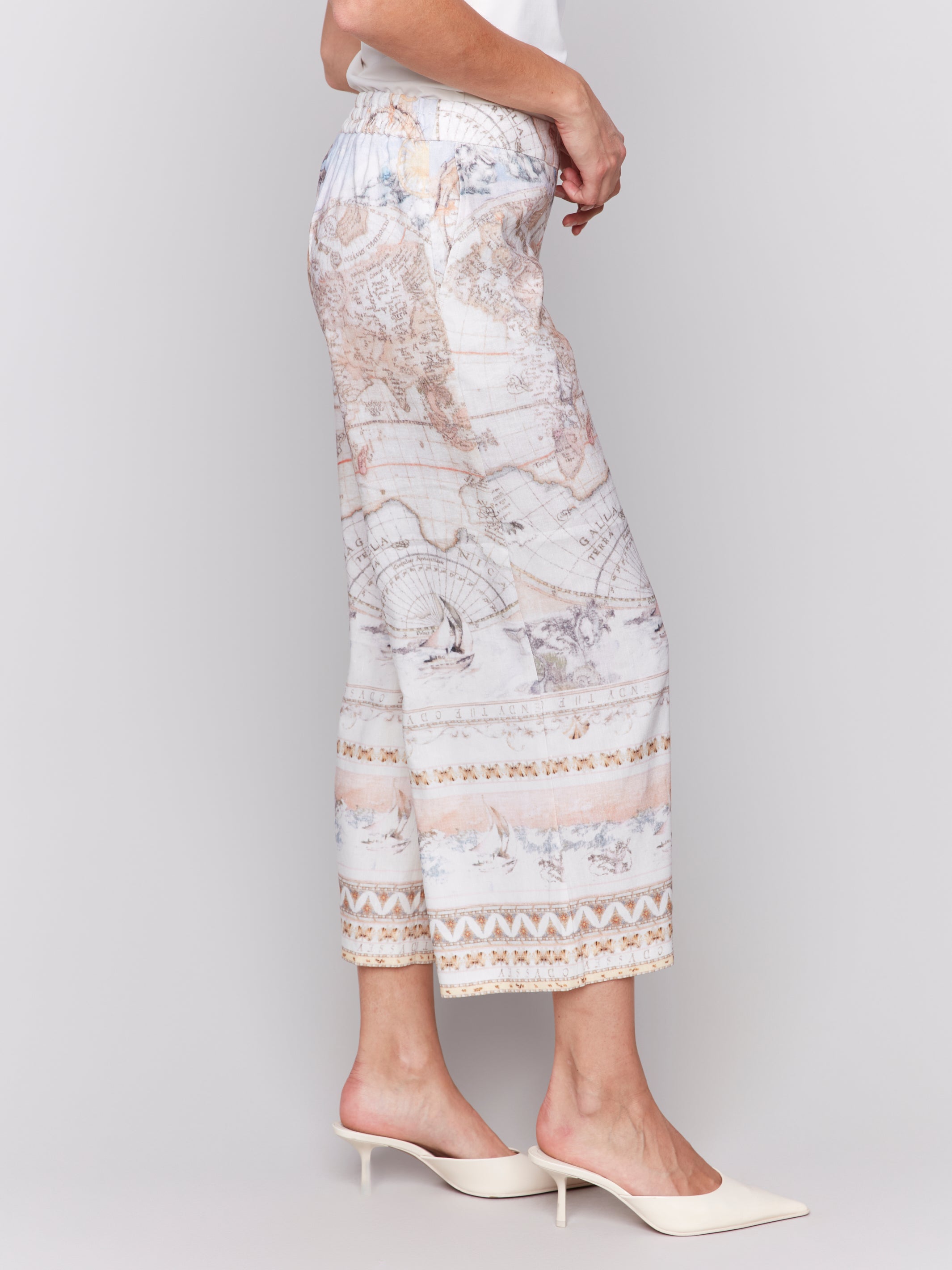 Printed Linen Blend Cropped Pull-On Pants