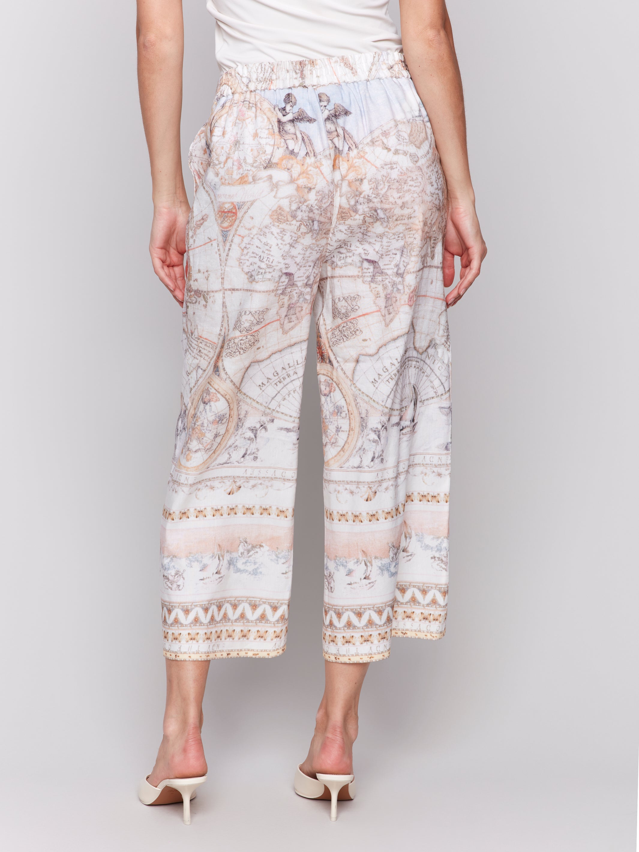 Printed Linen Blend Cropped Pull-On Pants