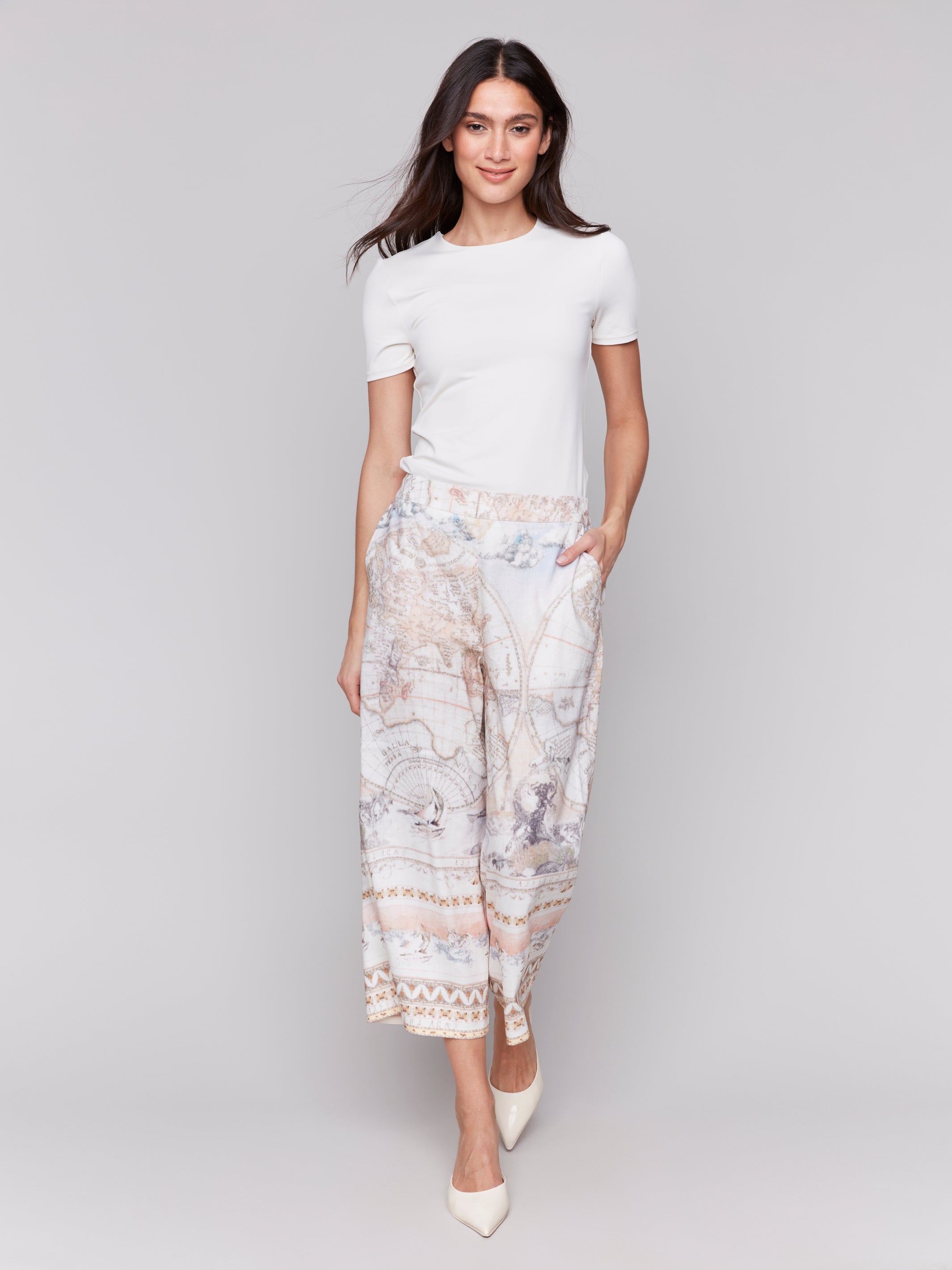 Printed Linen Blend Cropped Pull-On Pants