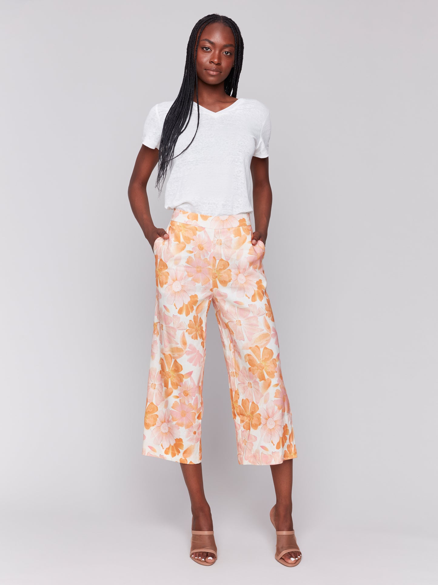 Printed Linen Blend Cropped Pull-On Pants