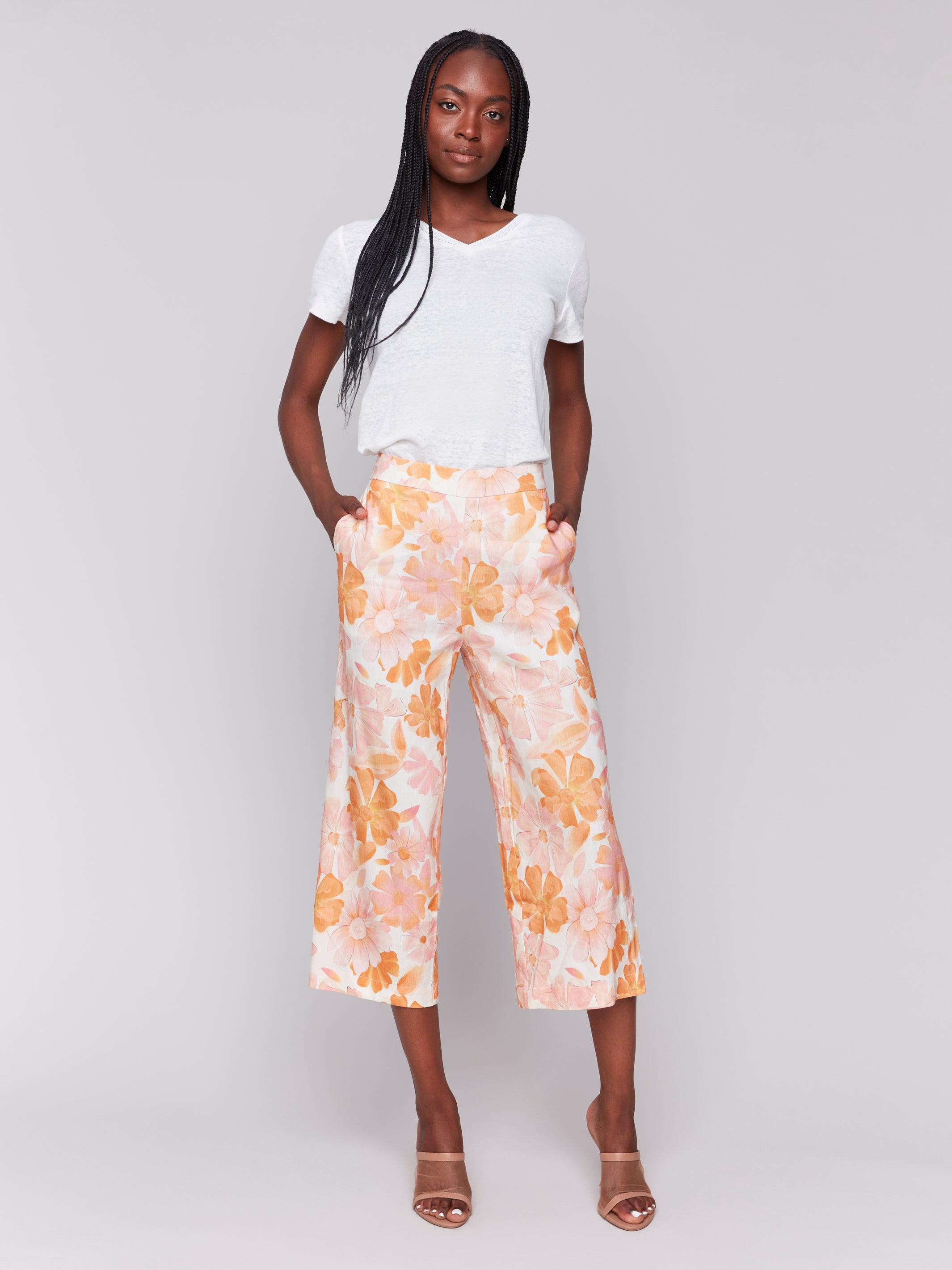 Printed Linen Blend Cropped Pull-On Pants