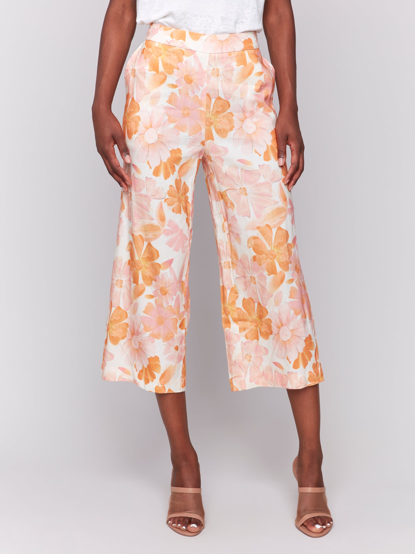 Printed Linen Blend Cropped Pull-On Pants
