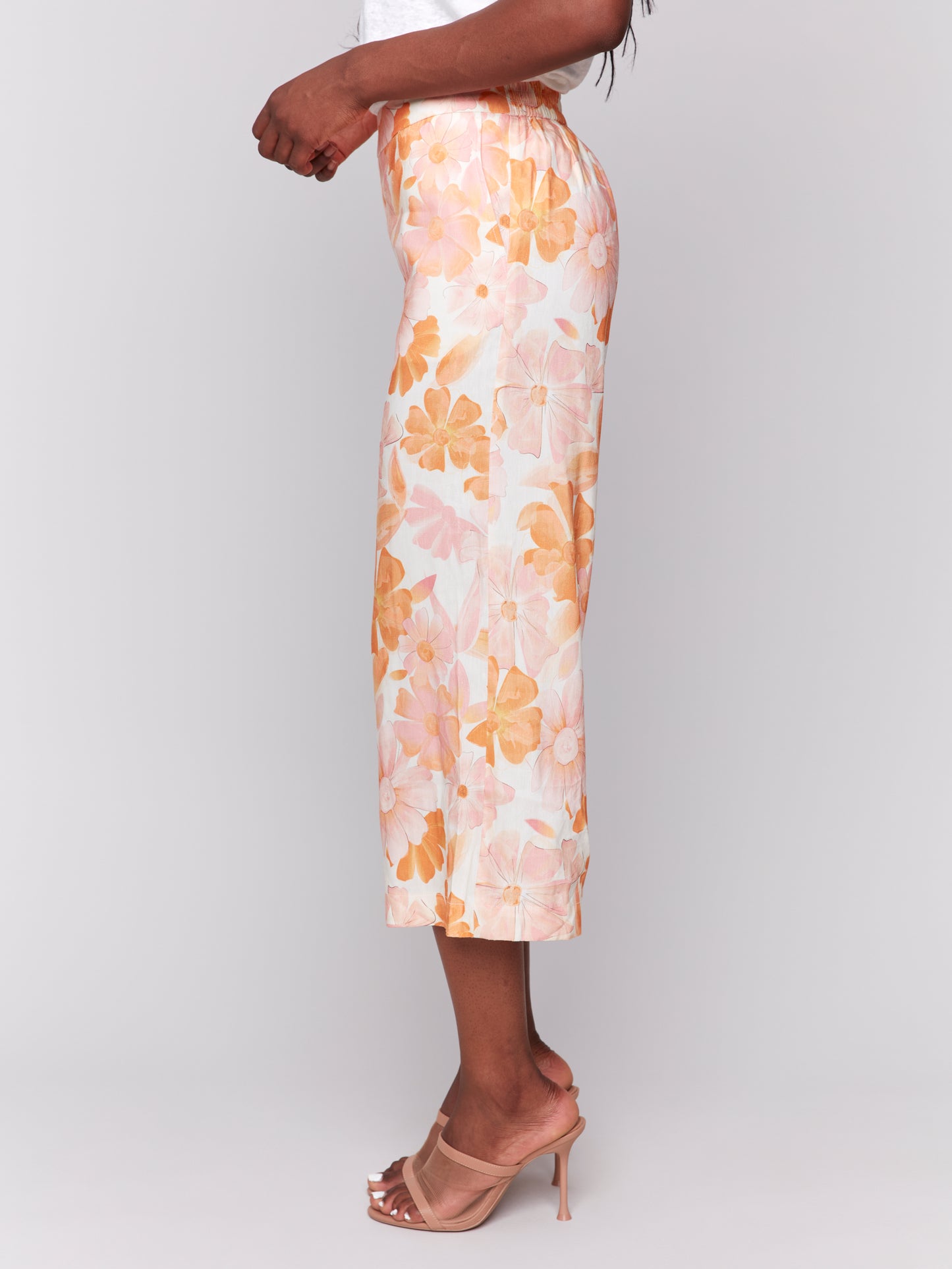 Printed Linen Blend Cropped Pull-On Pants