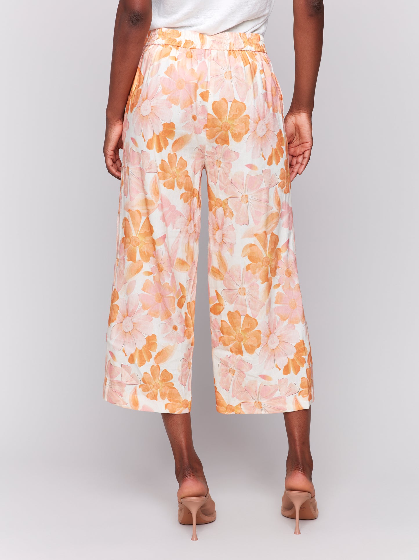 Printed Linen Blend Cropped Pull-On Pants