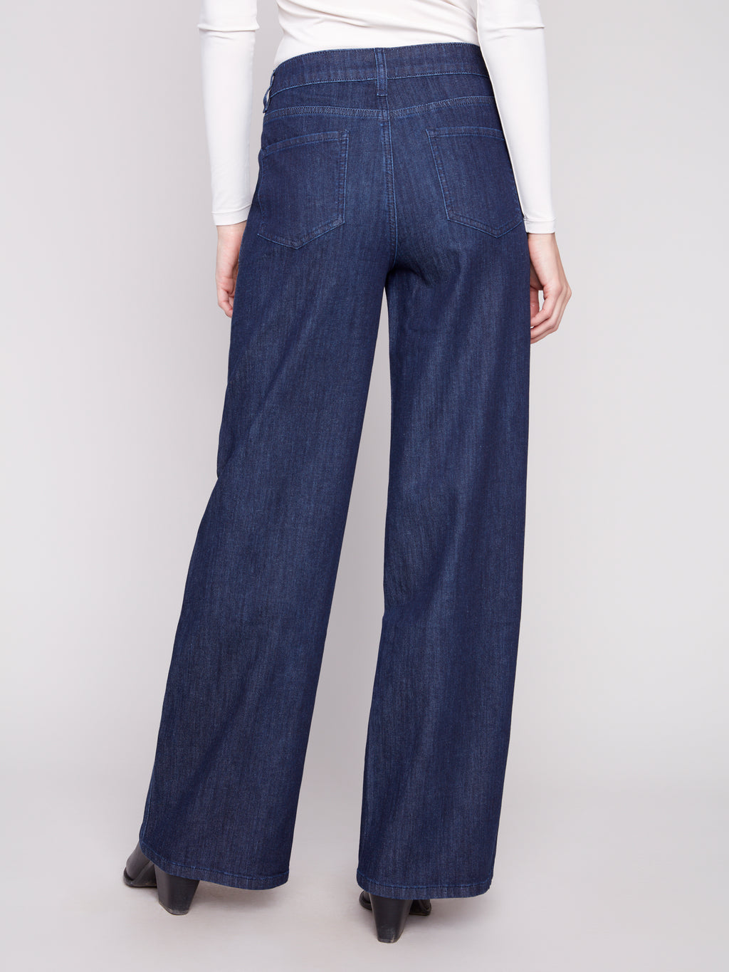 Wide Leg Stretch Denim Pants With Slash Pockets