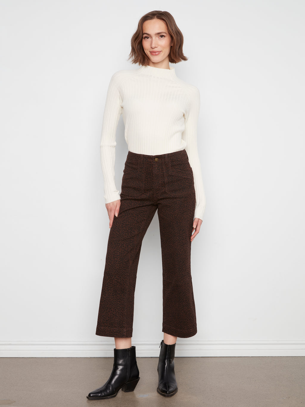 Printed Cropped Wide Leg Twill Pants with Patch Pockets