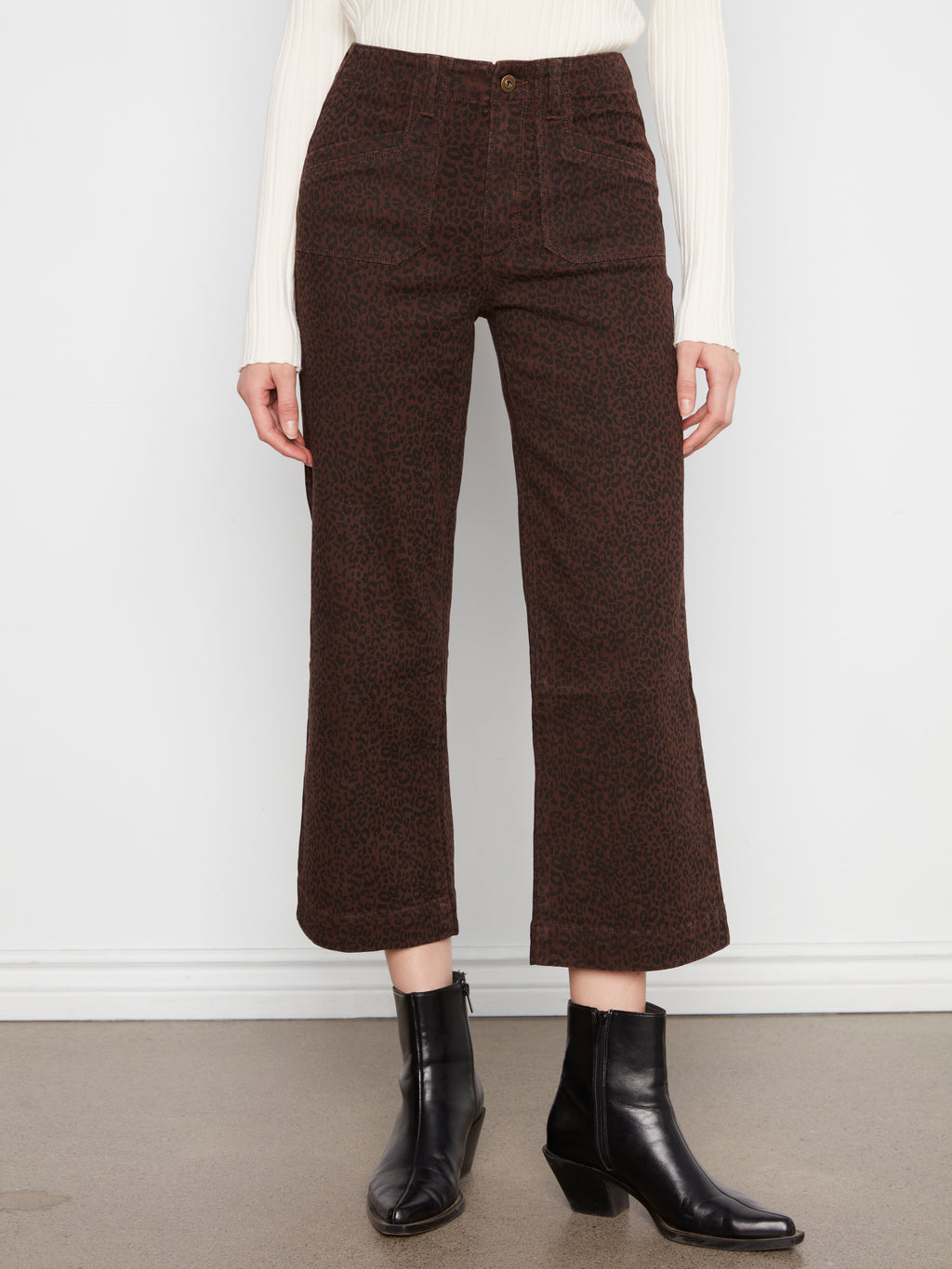 Printed Cropped Wide Leg Twill Pants with Patch Pockets
