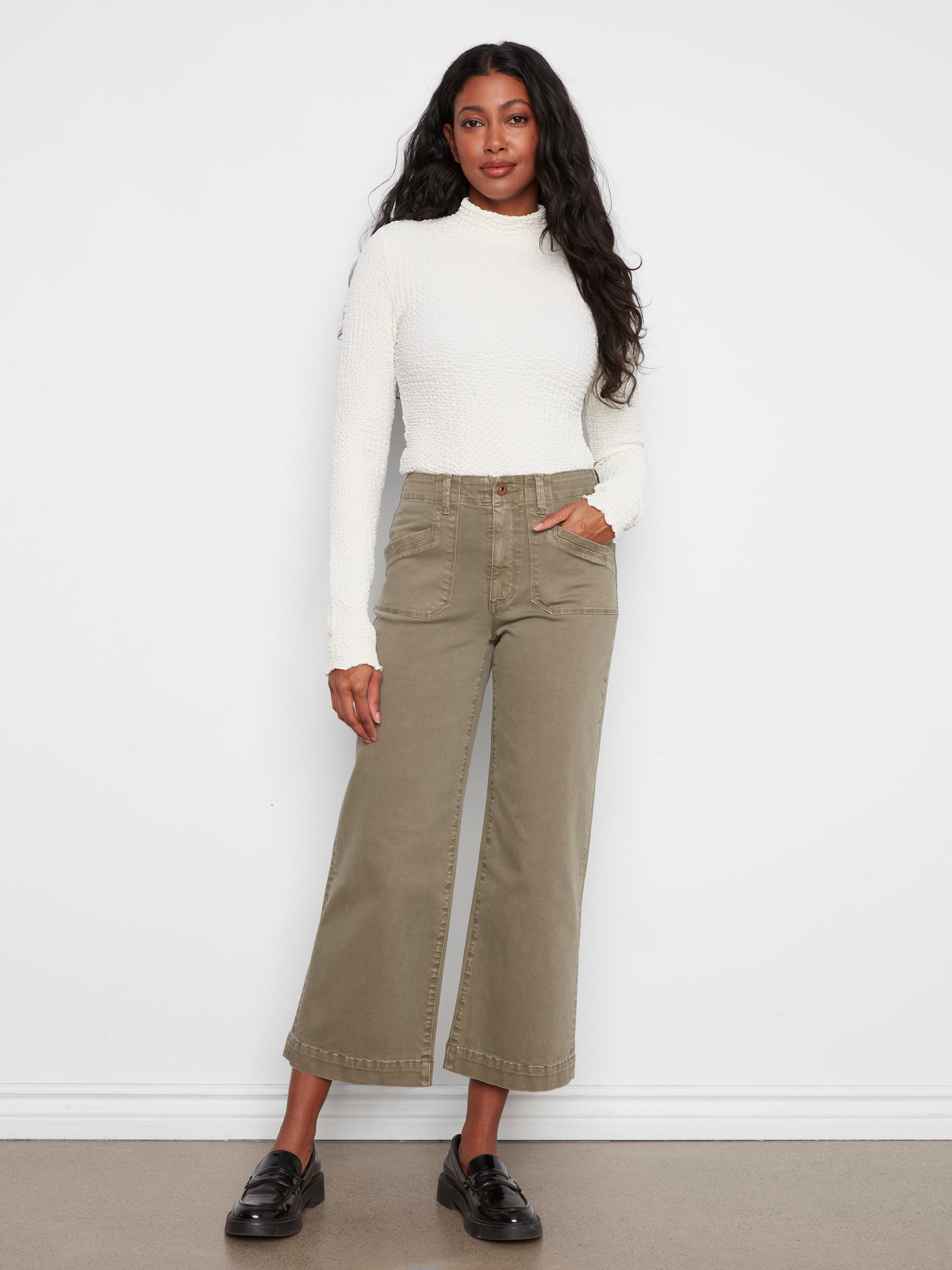 Cropped Wide Leg Coloured Twill Pants With Patch Pockets