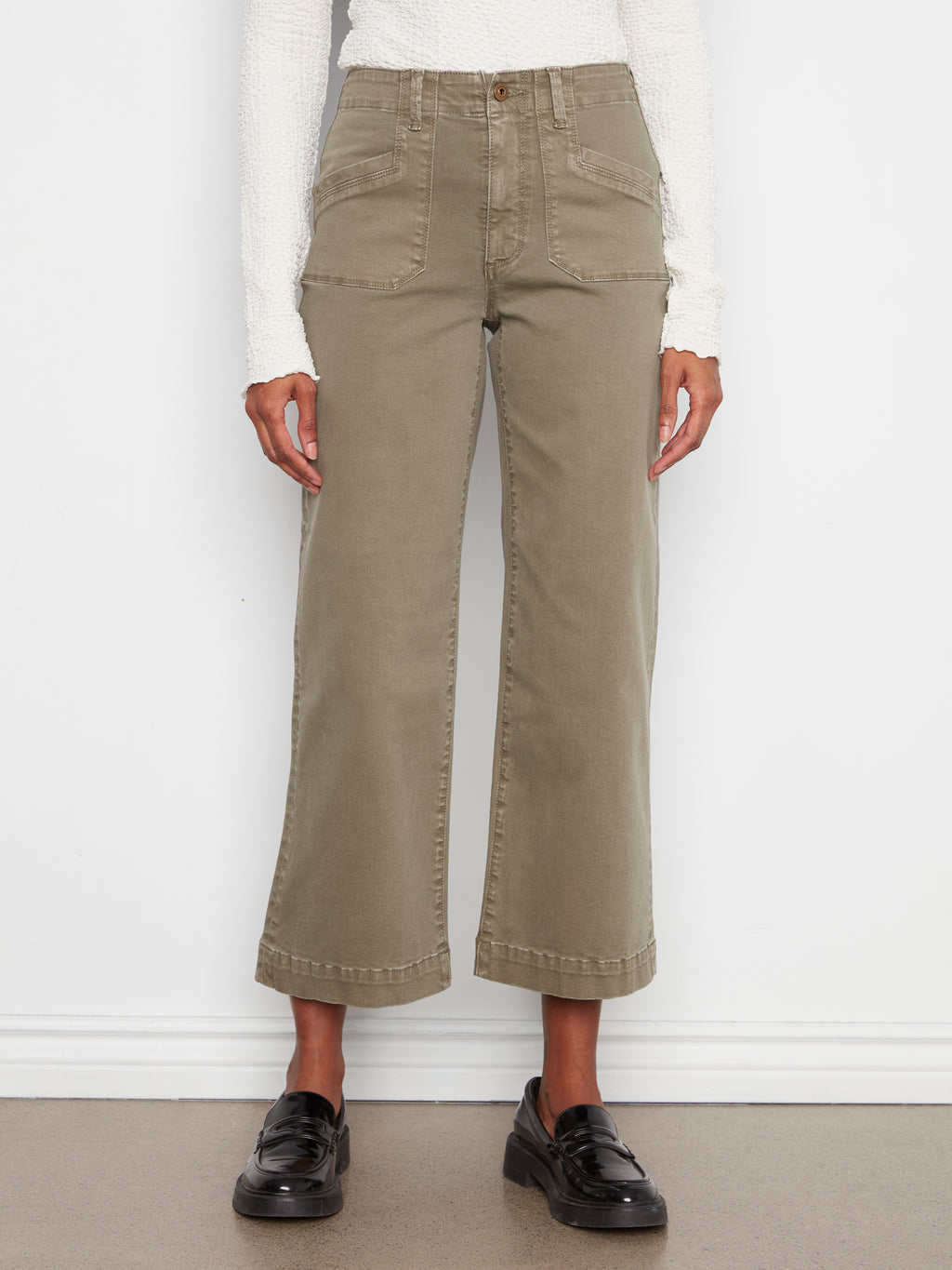 Cropped Wide Leg Coloured Twill Pants With Patch Pockets
