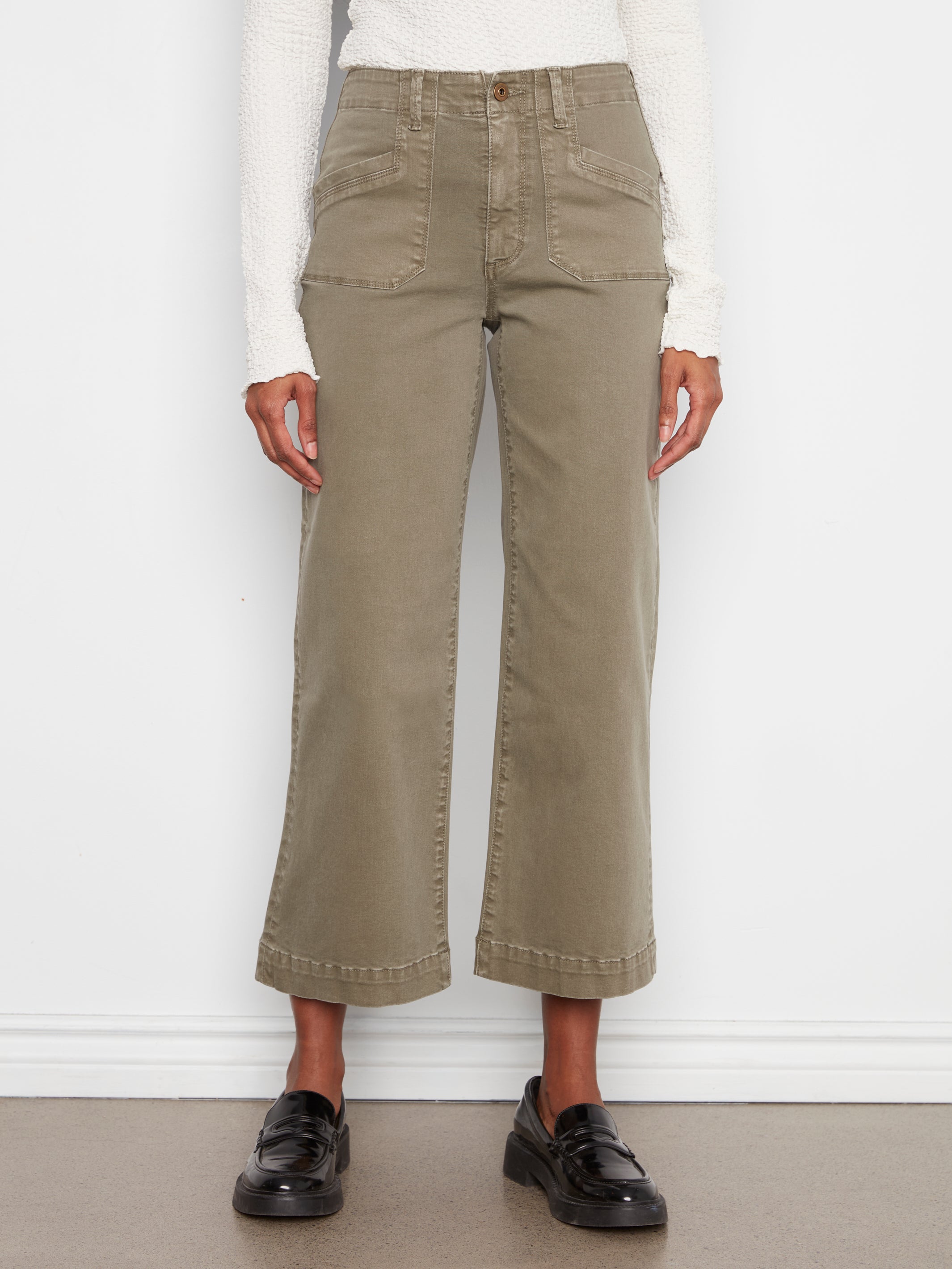 Cropped Wide Leg Coloured Twill Pants With Patch Pockets