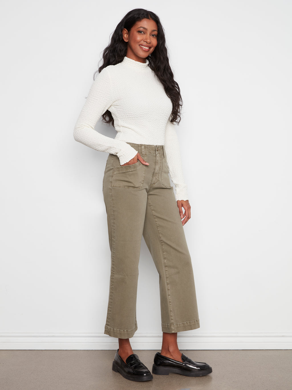 Cropped Wide Leg Coloured Twill Pants With Patch Pockets