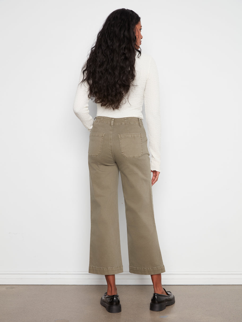Cropped Wide Leg Coloured Twill Pants With Patch Pockets