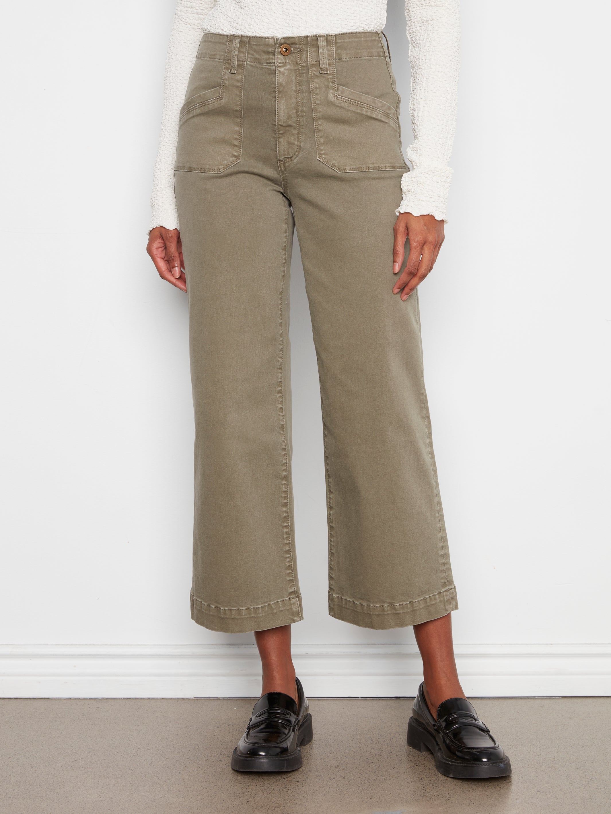 Cropped Wide Leg Coloured Twill Pants With Patch Pockets