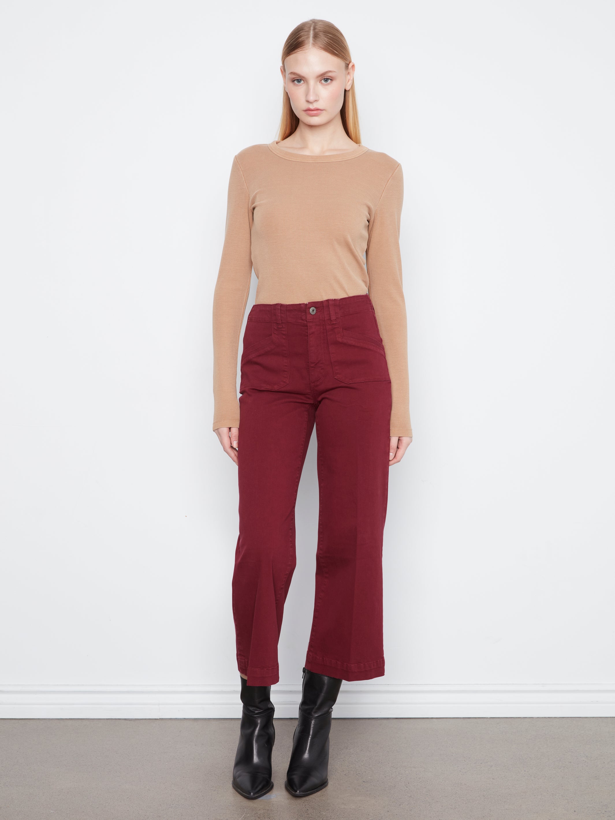 Cropped Wide Leg Coloured Twill Pants With Patch Pockets