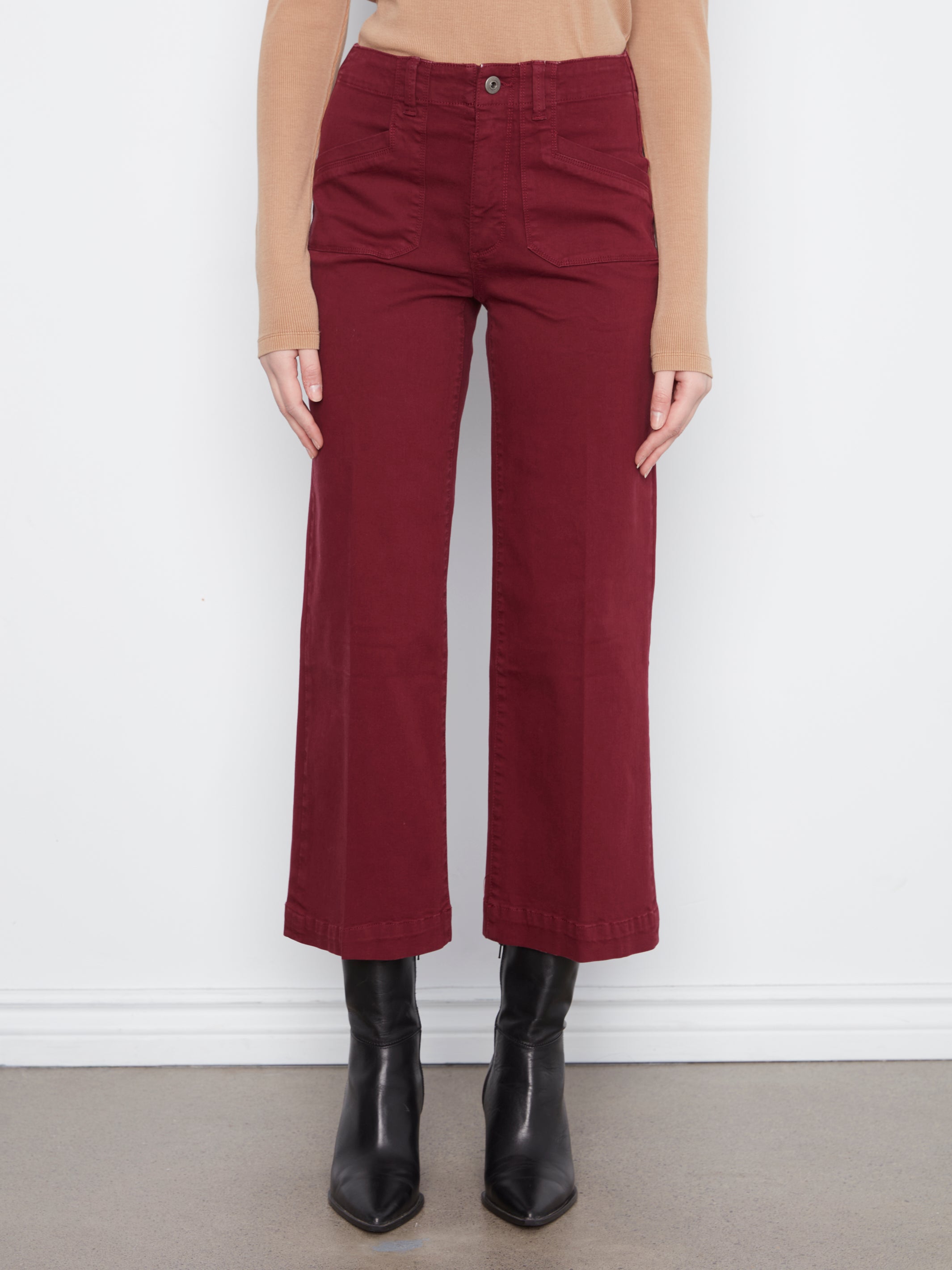 Cropped Wide Leg Coloured Twill Pants With Patch Pockets