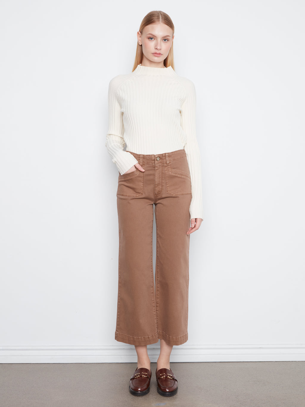 Cropped Wide Leg Coloured Twill Pants With Patch Pockets