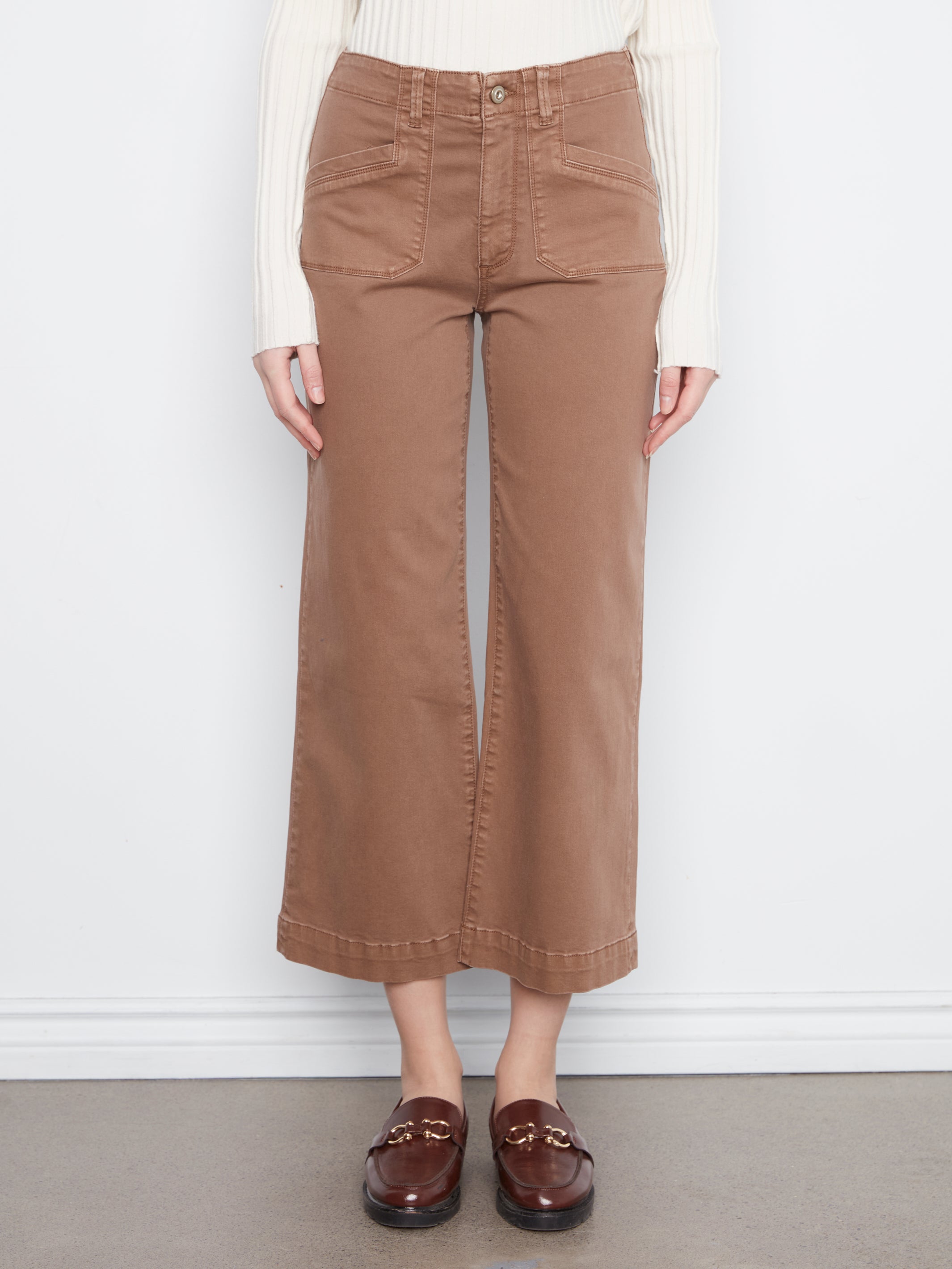 Cropped Wide Leg Coloured Twill Pants With Patch Pockets
