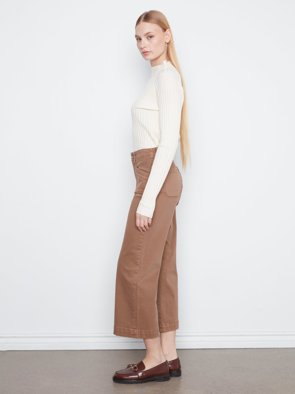 Cropped Wide Leg Coloured Twill Pants With Patch Pockets
