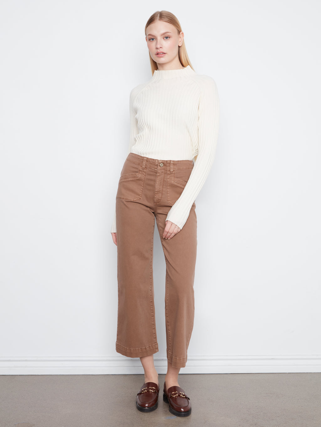 Cropped Wide Leg Coloured Twill Pants With Patch Pockets