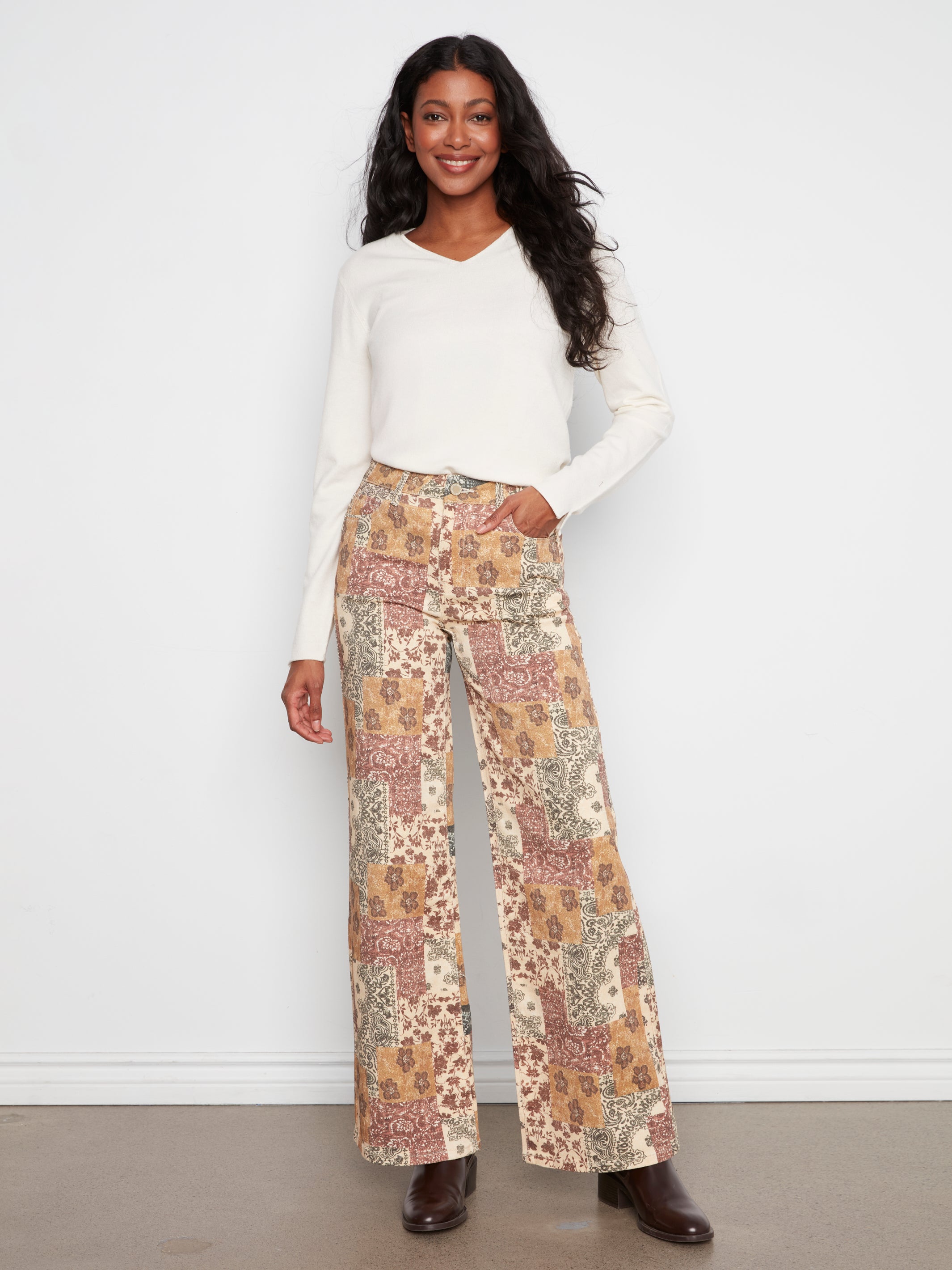 Long Wide Leg Printed Twill Pants