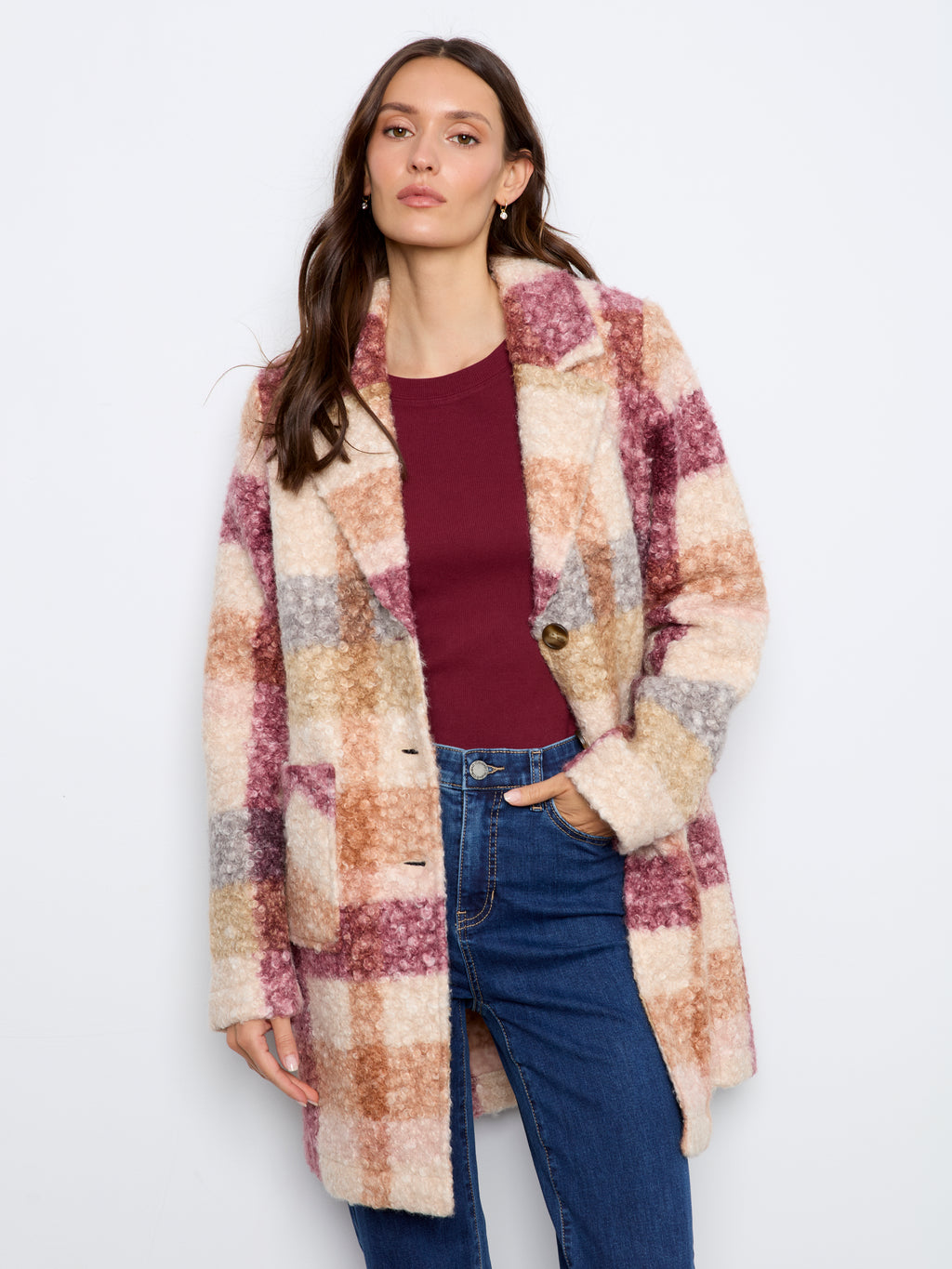 Plaid Boucle Knit Tailored Collar Coat