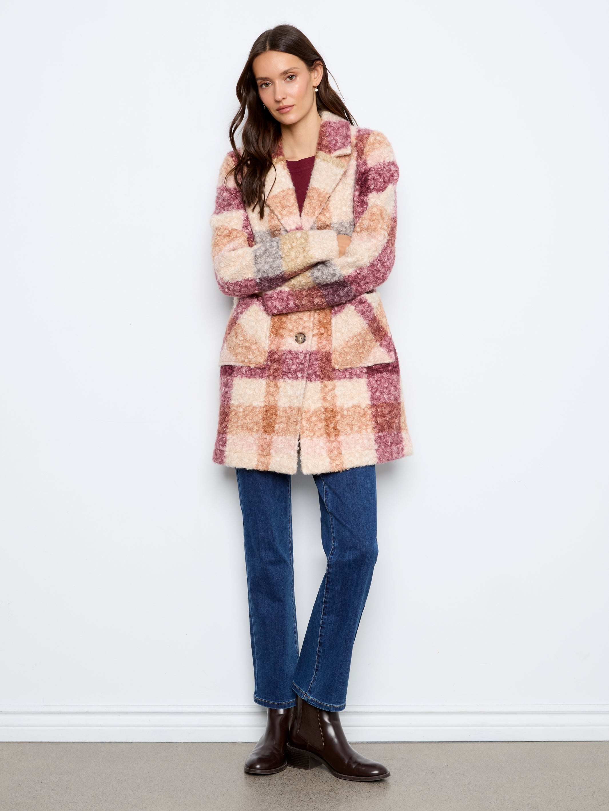 Plaid Boucle Knit Tailored Collar Coat