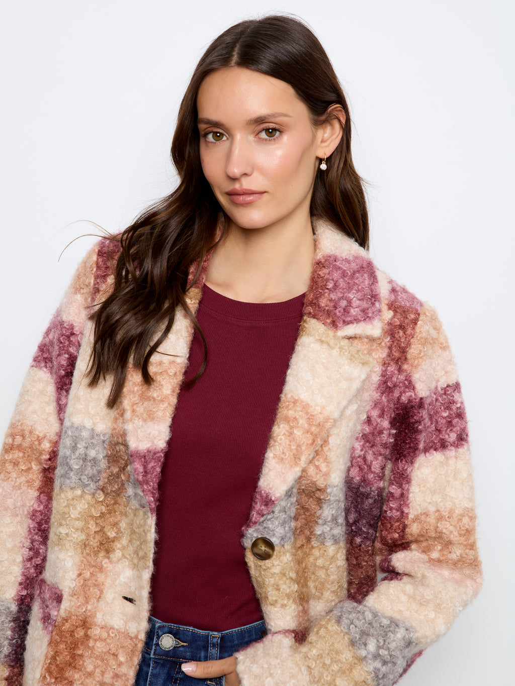 Plaid Boucle Knit Tailored Collar Coat
