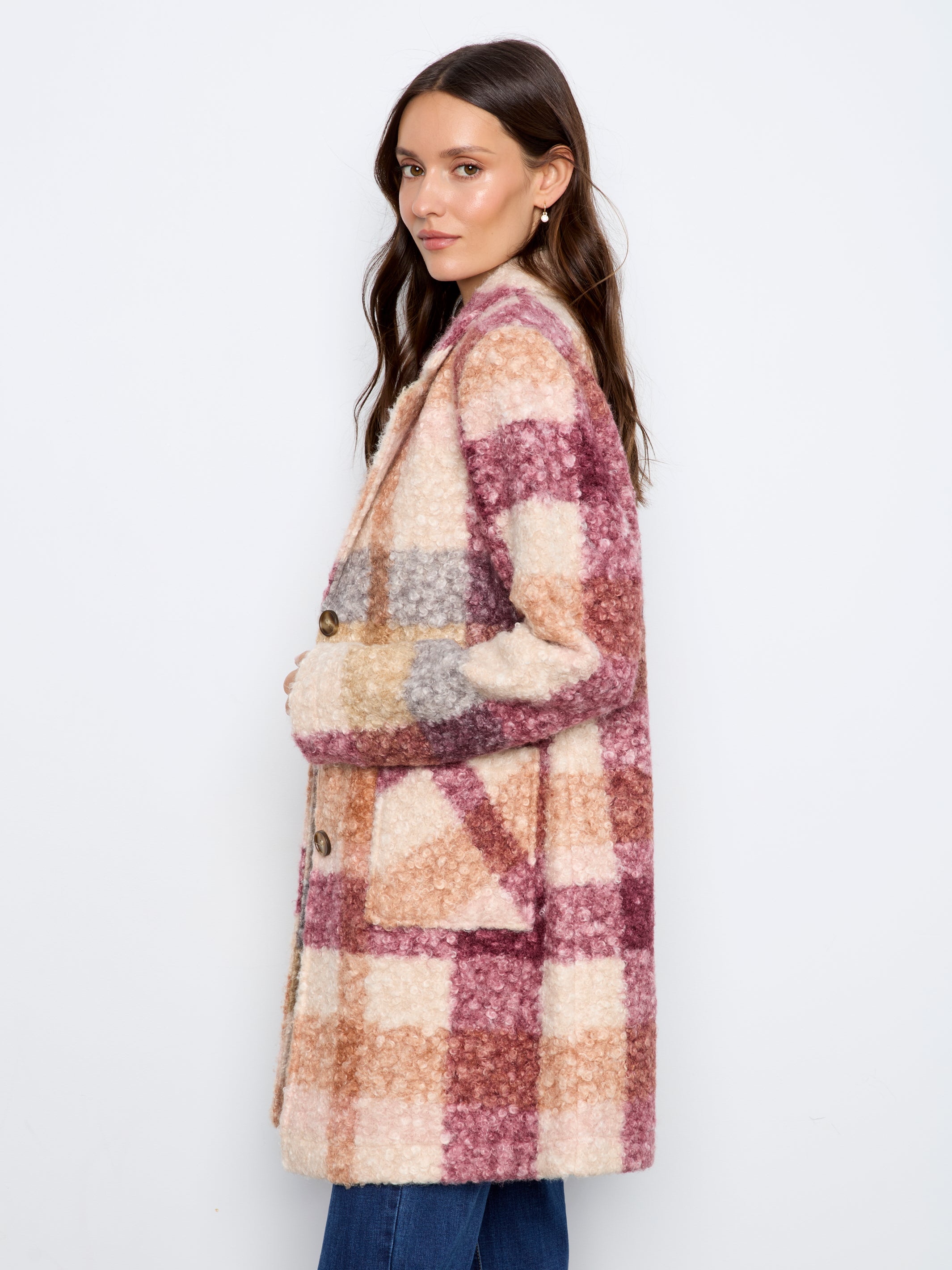 Plaid Boucle Knit Tailored Collar Coat