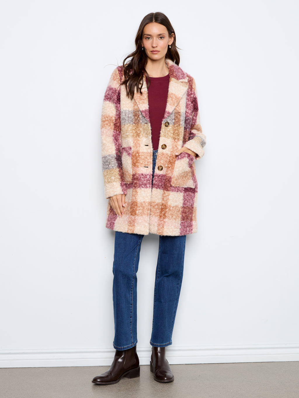 Plaid Boucle Knit Tailored Collar Coat