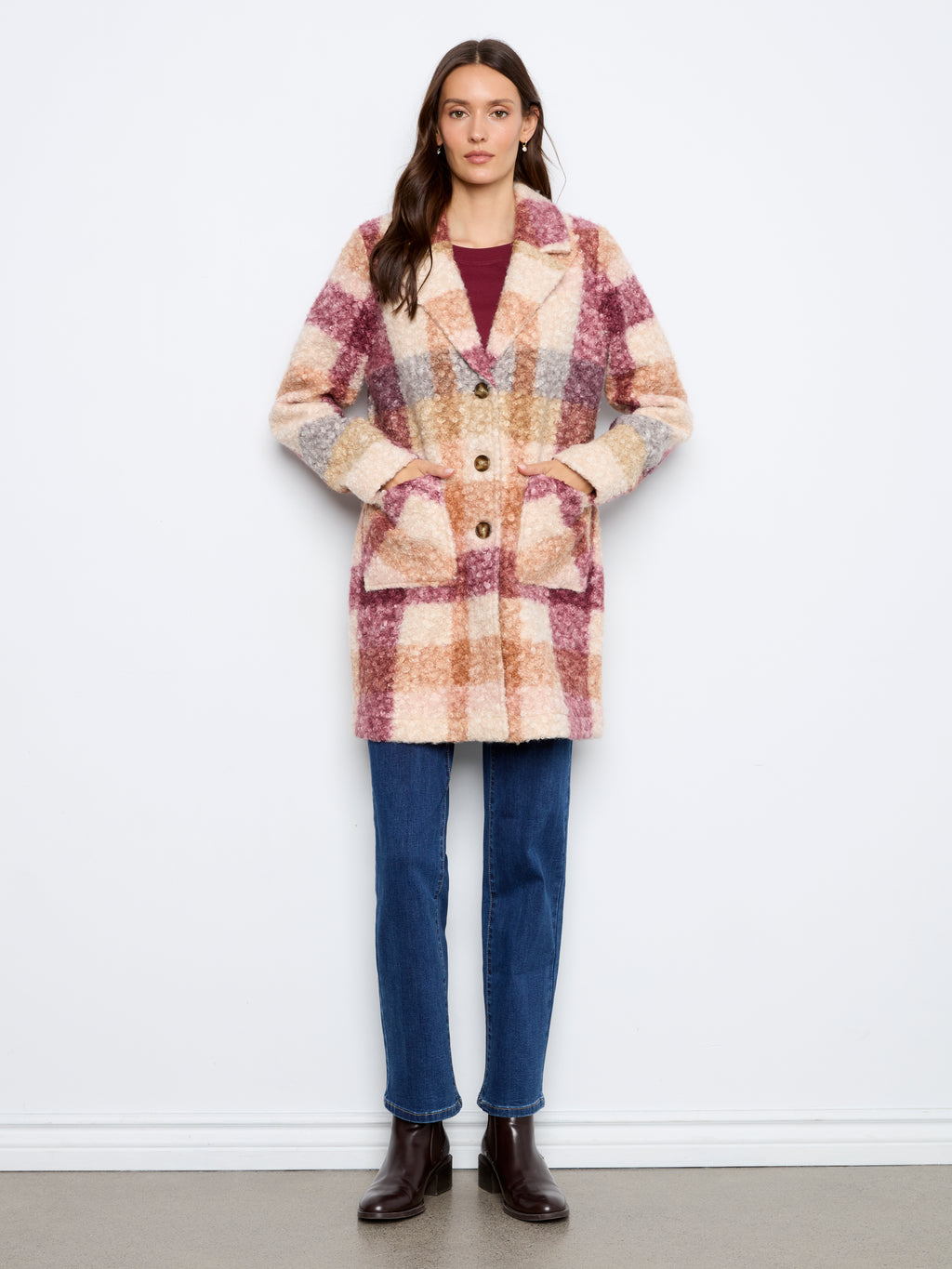 Plaid Boucle Knit Tailored Collar Coat