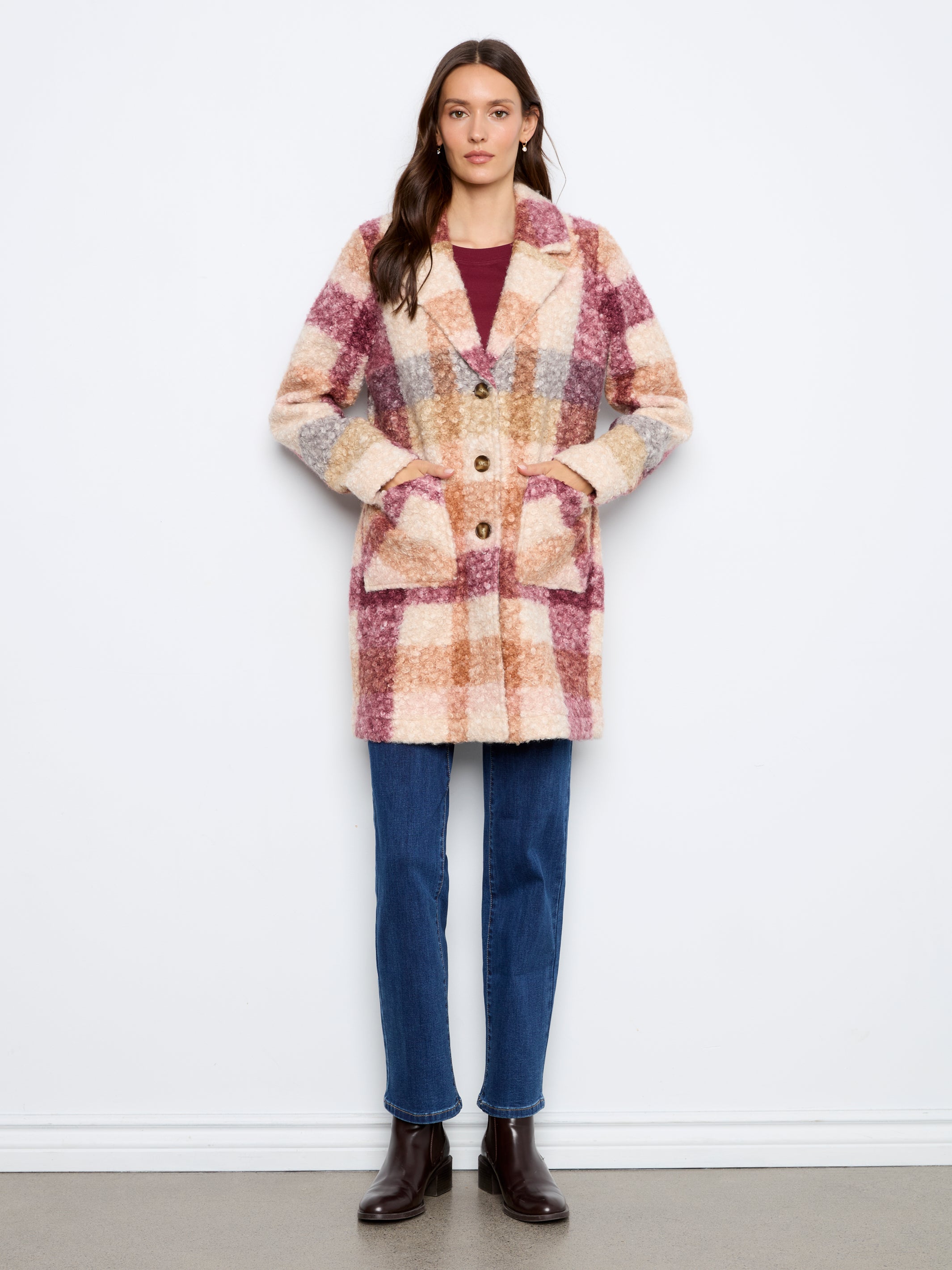 Plaid Boucle Knit Tailored Collar Coat