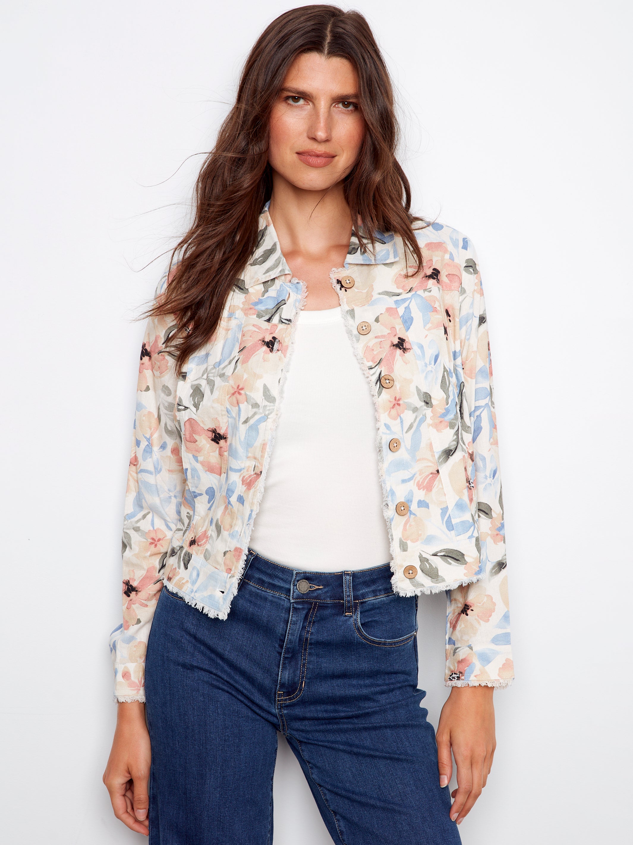 Printed Linen Jacket with Frayed Hem