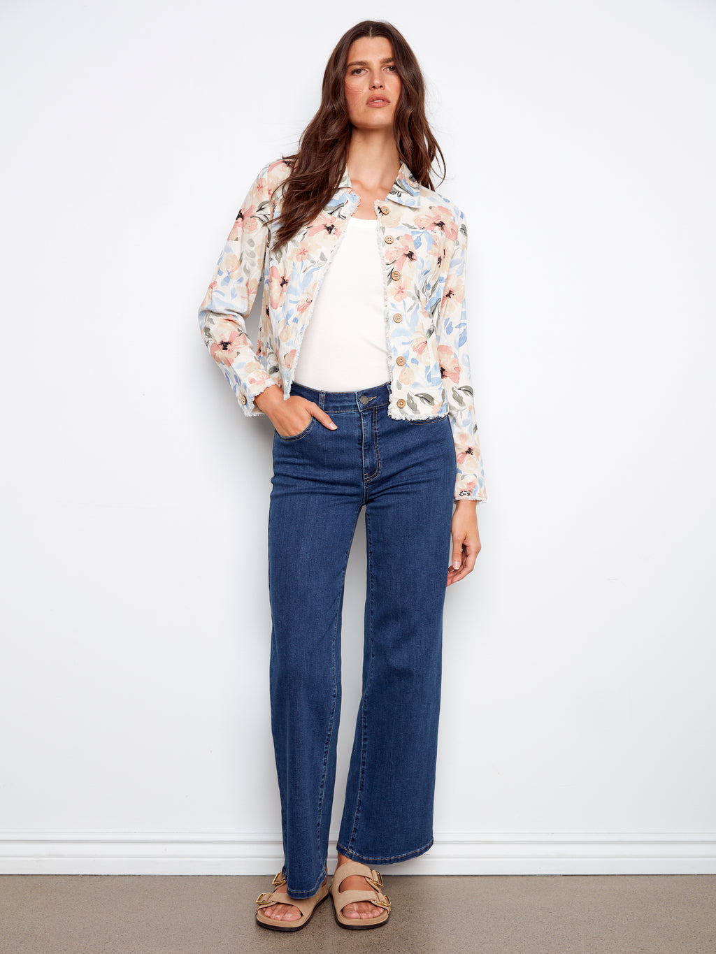 Printed Linen Jacket with Frayed Hem