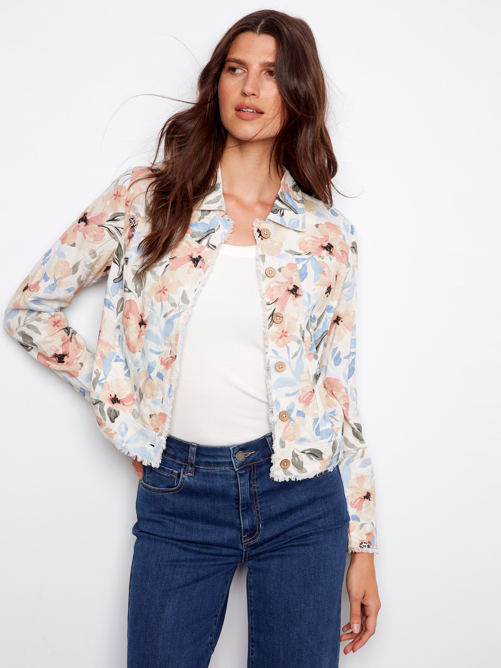 Printed Linen Jacket with Frayed Hem