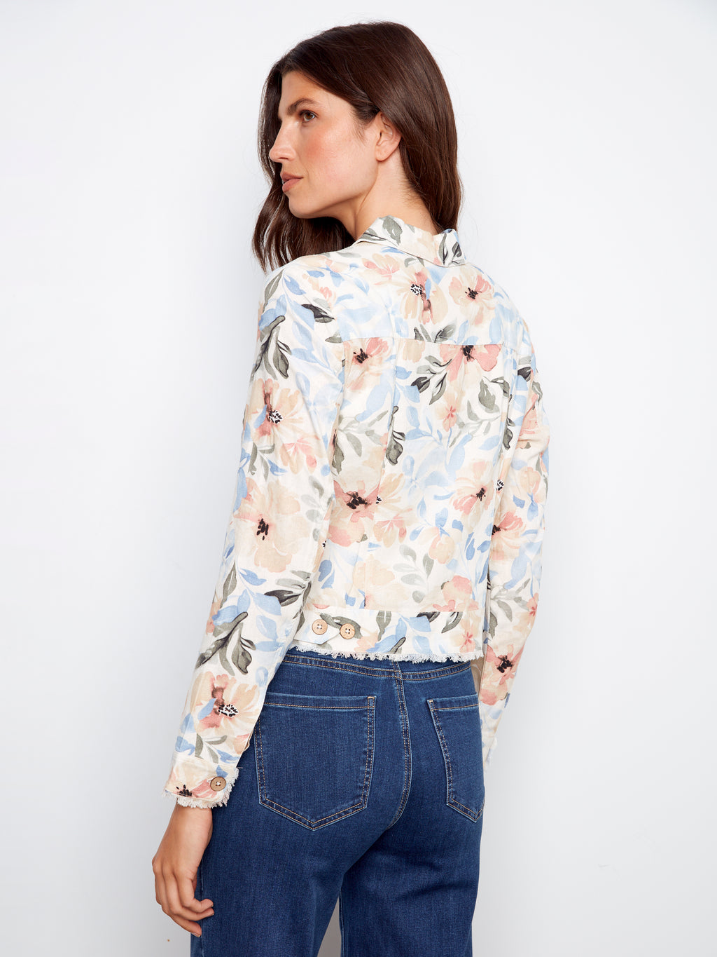 Printed Linen Jacket with Frayed Hem