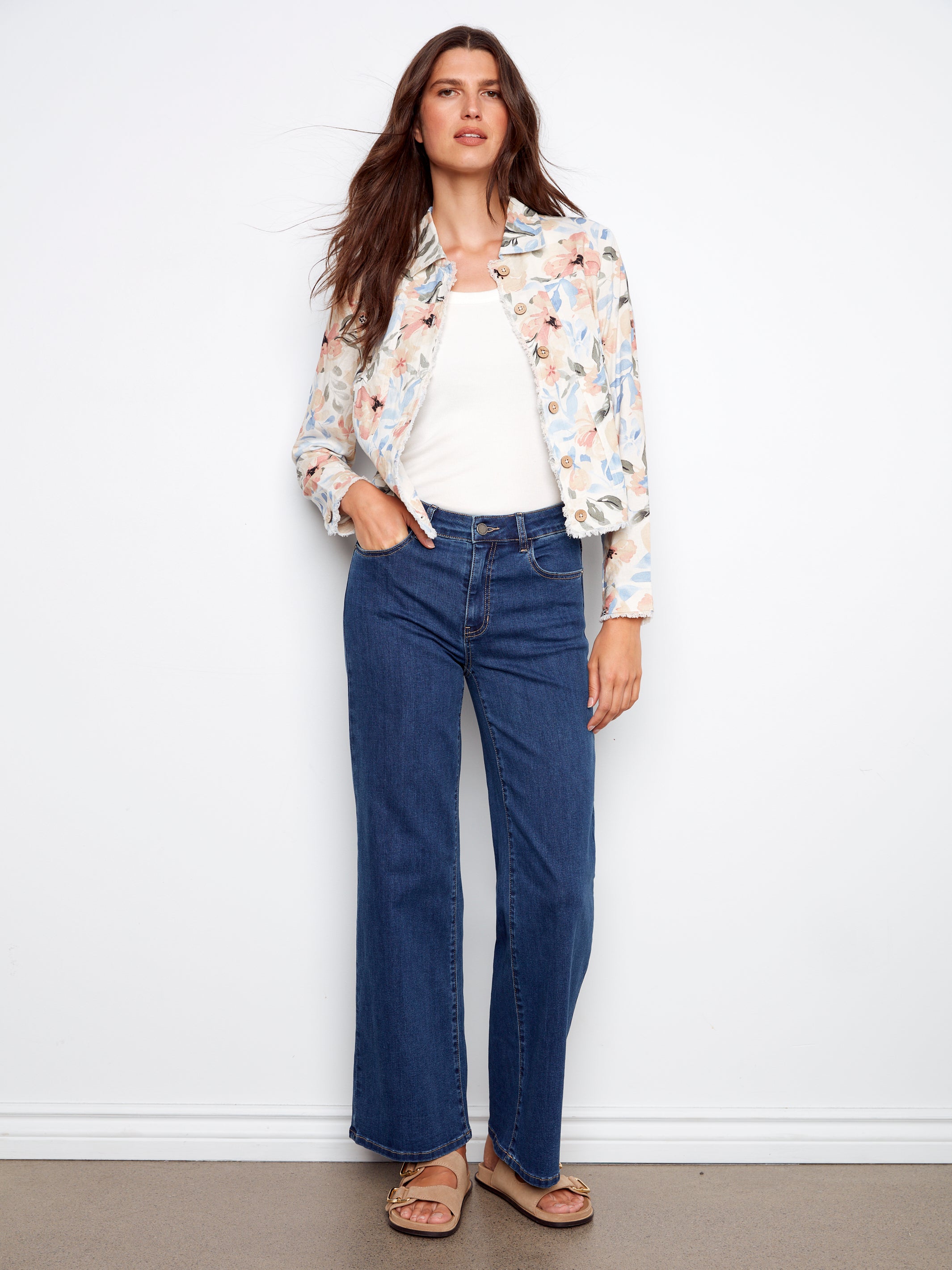 Printed Linen Jacket with Frayed Hem