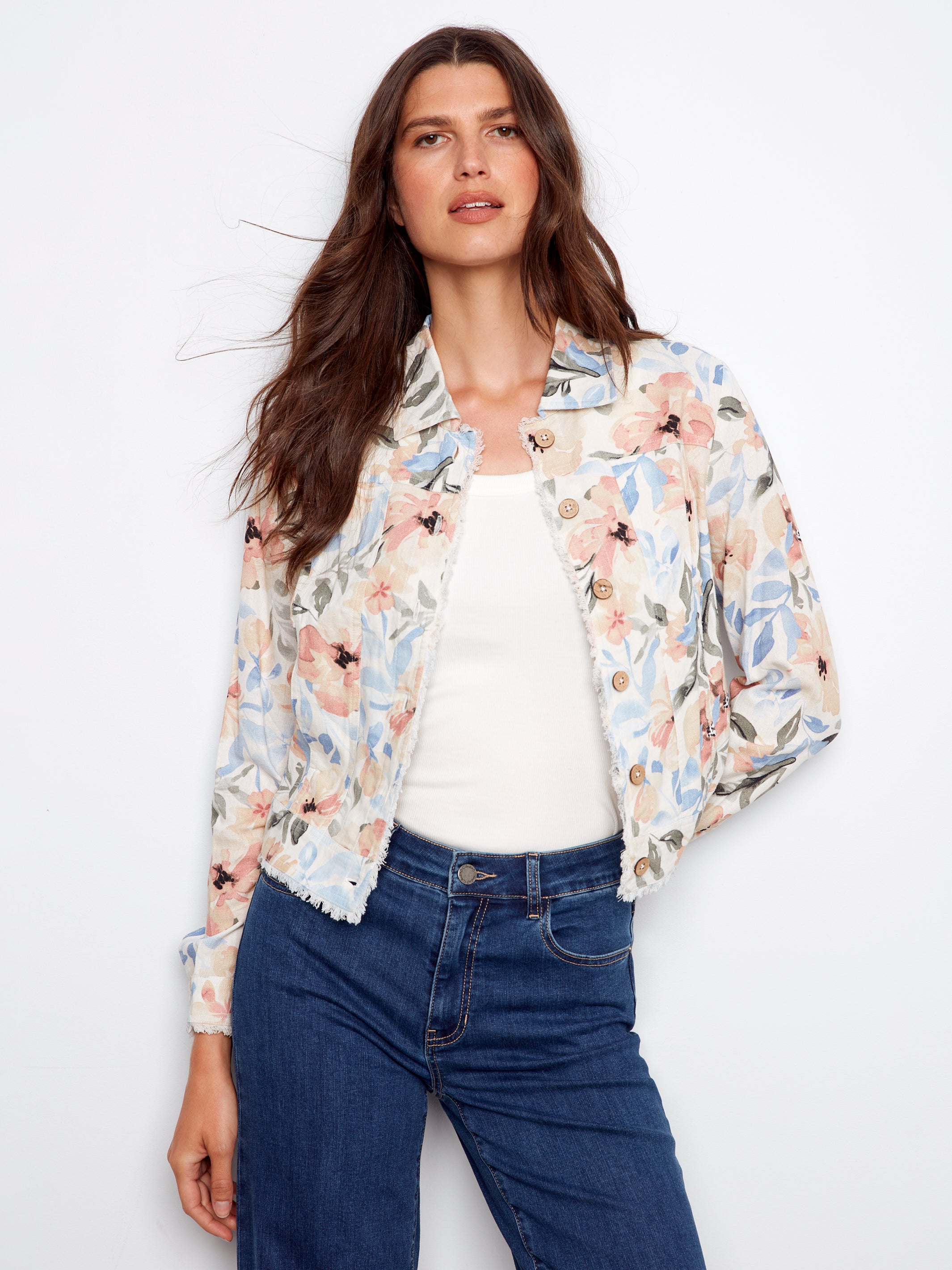 Printed Linen Jacket with Frayed Hem