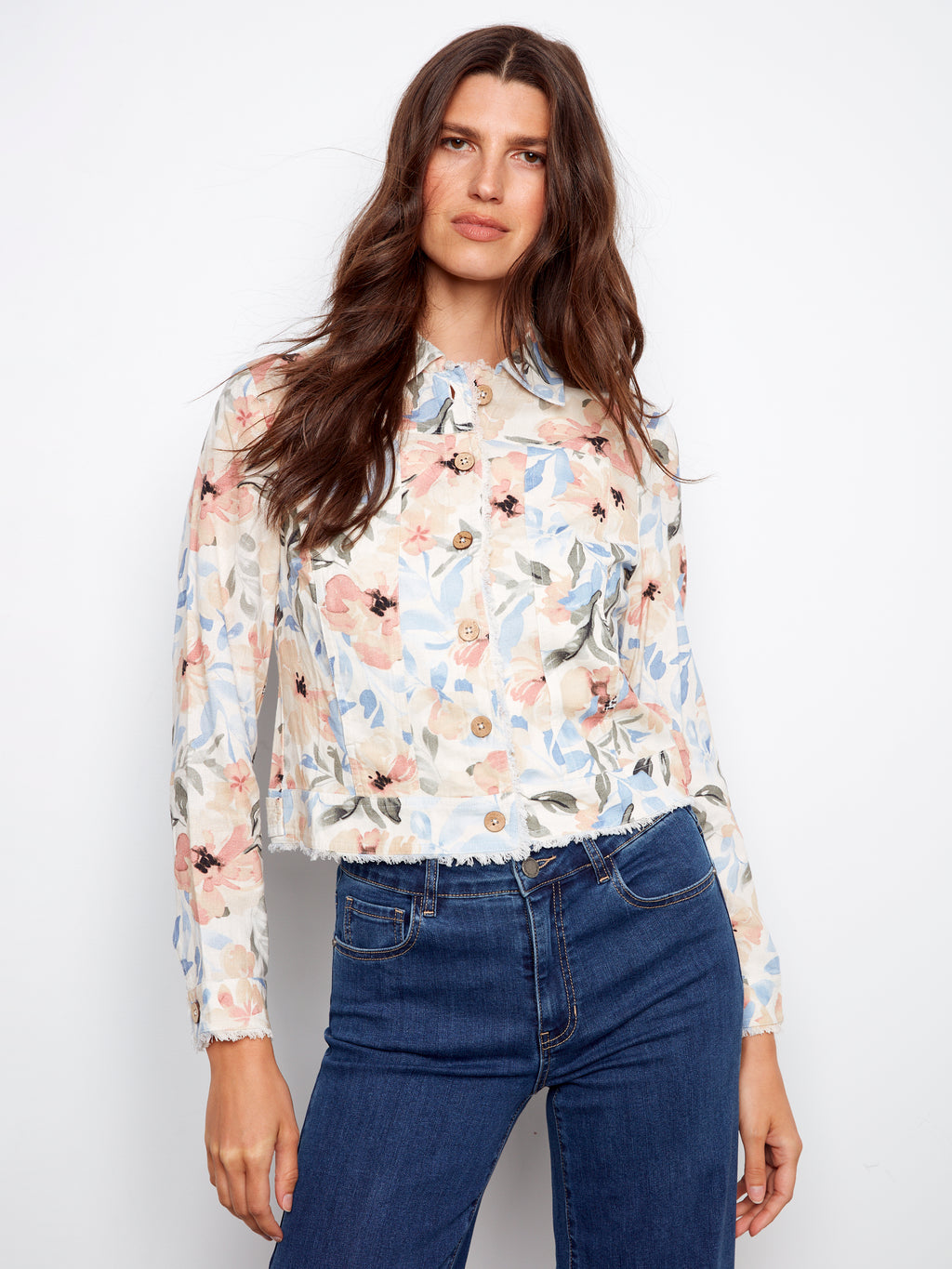 Printed Linen Jacket with Frayed Hem