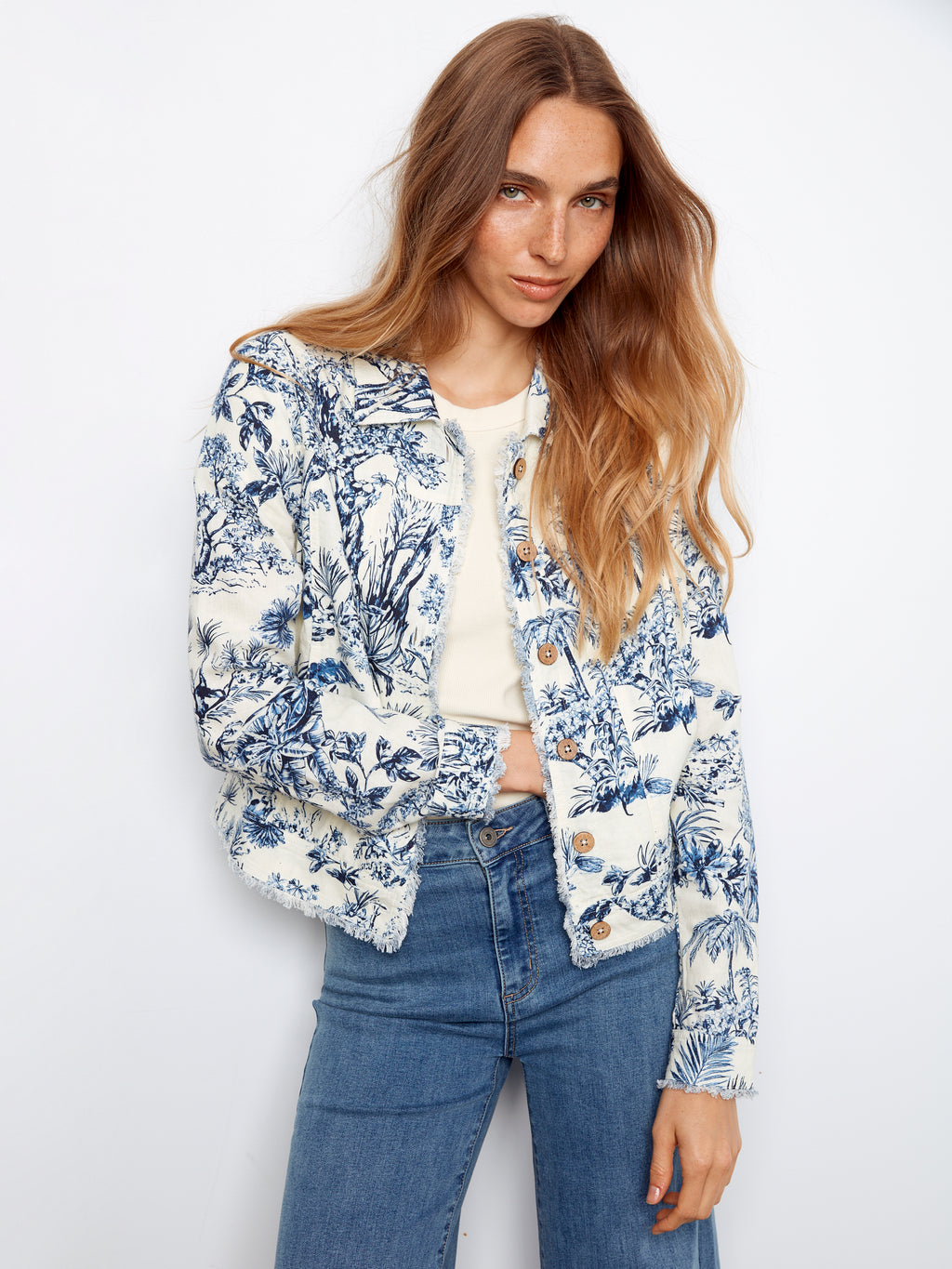 Printed Linen Jacket with Frayed Hem