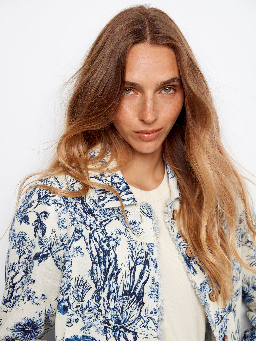 Printed Linen Jacket with Frayed Hem